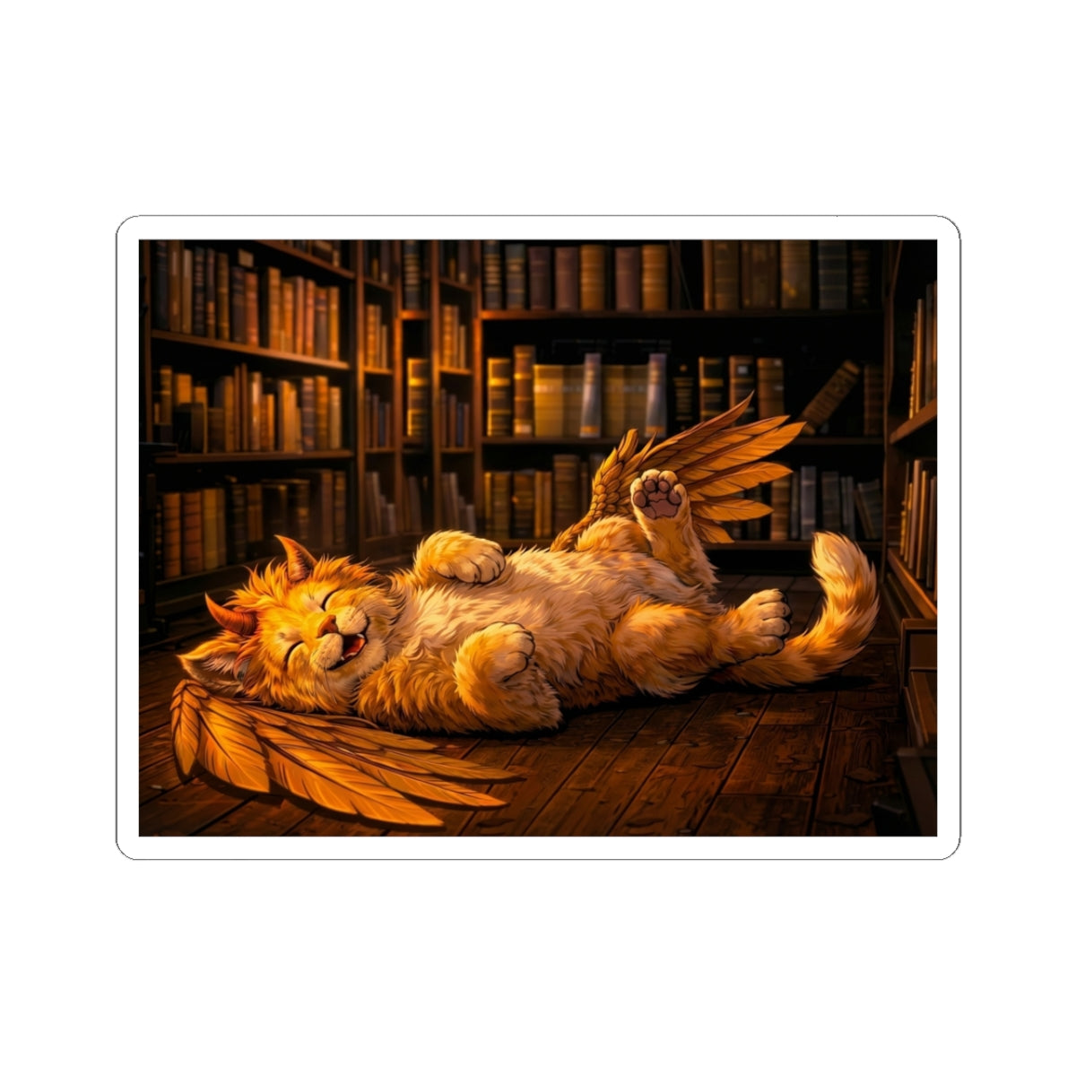 Cat Angel Sticker — Cozy Library Sleeping Winged Cat Kiss-Cut Sticker