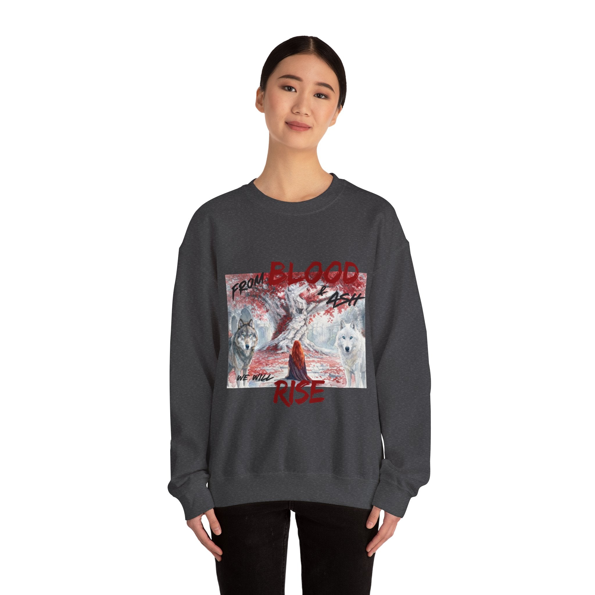 Rise From Blood & Ash Crewneck Sweatshirt – 'We Will Rise' Sword & Poppy Fantasy Graphic