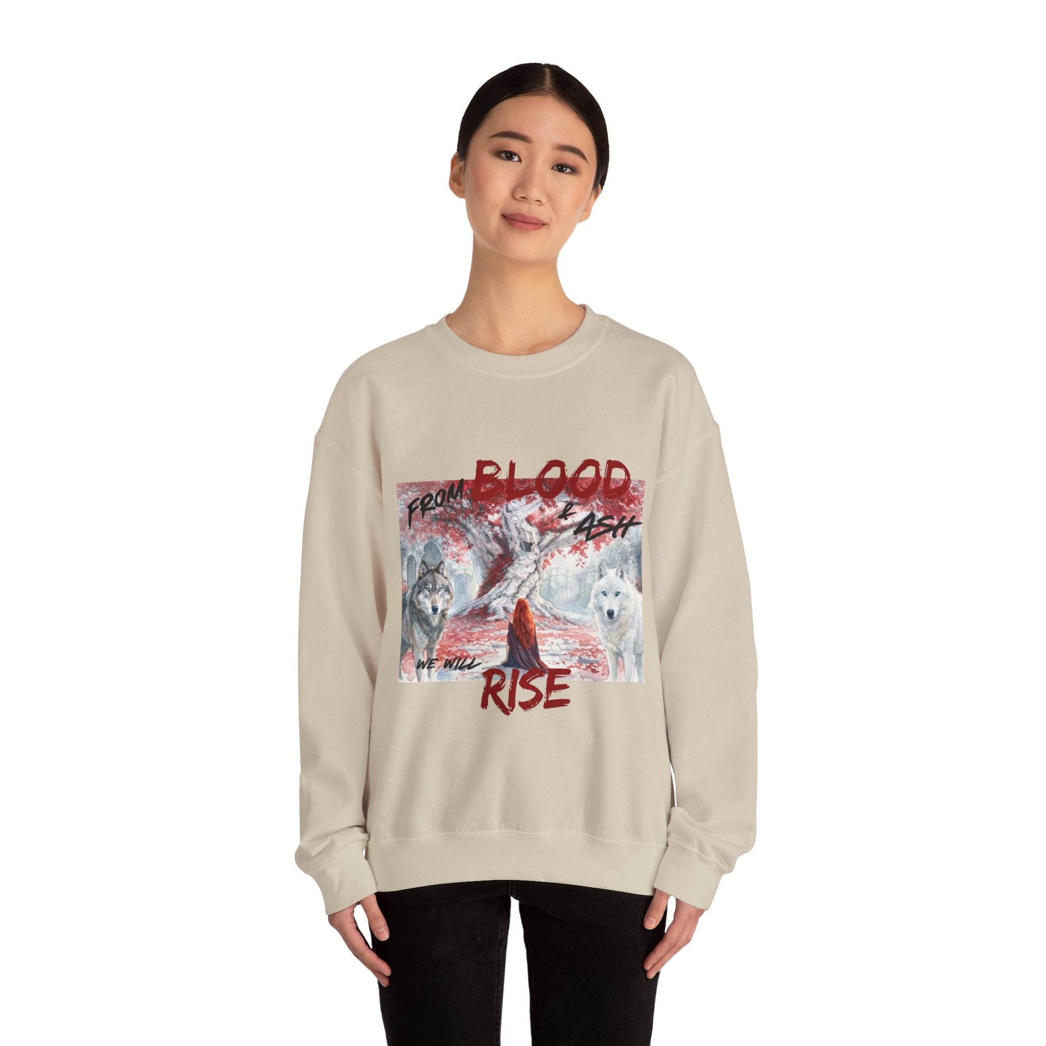 Rise From Blood & Ash Crewneck Sweatshirt – 'We Will Rise' Sword & Poppy Fantasy Graphic