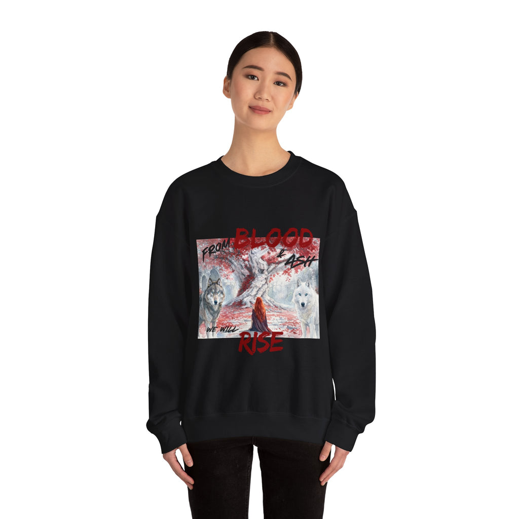 Rise From Blood & Ash Crewneck Sweatshirt – 'We Will Rise' Sword & Poppy Fantasy Graphic