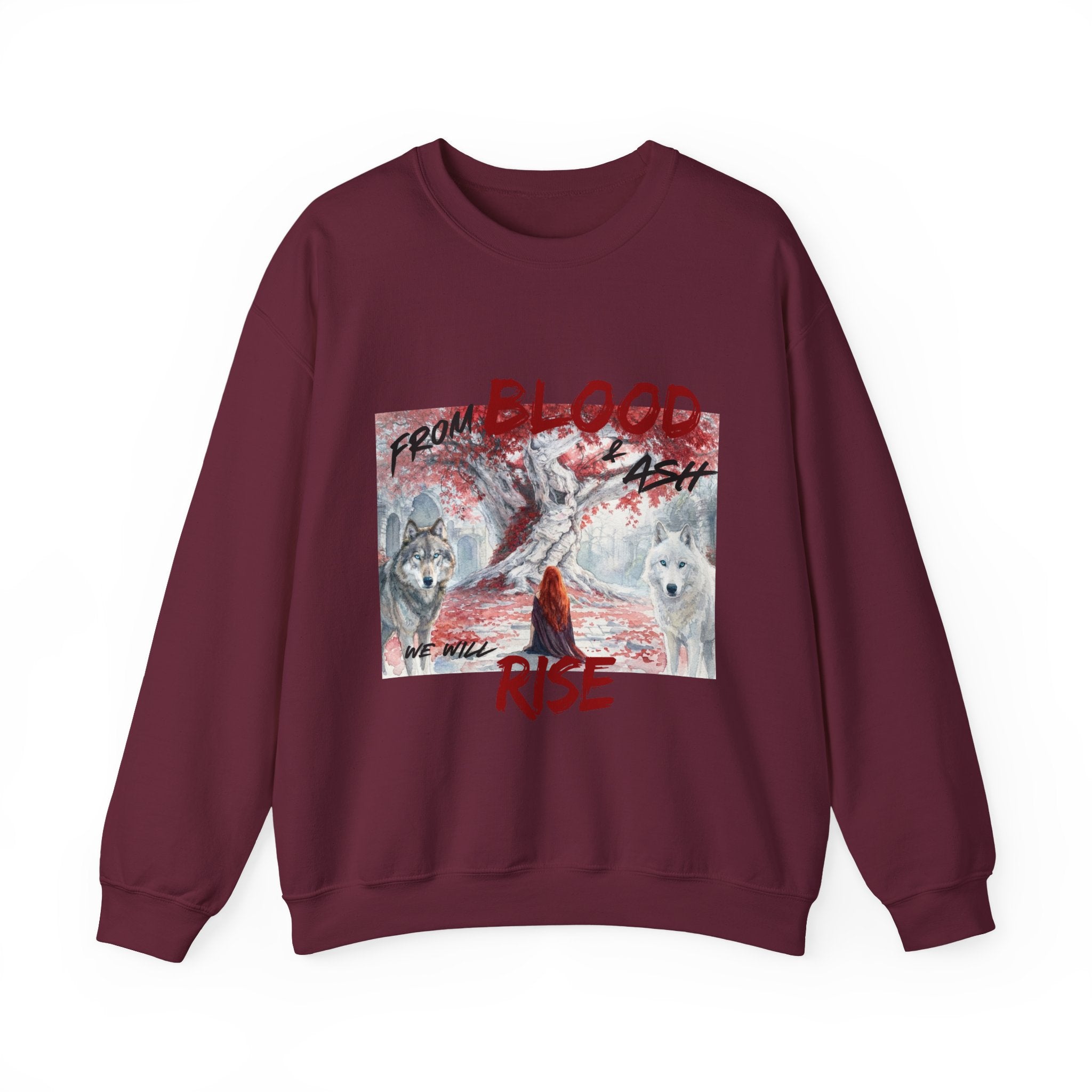Rise From Blood & Ash Crewneck Sweatshirt – 'We Will Rise' Sword & Poppy Fantasy Graphic