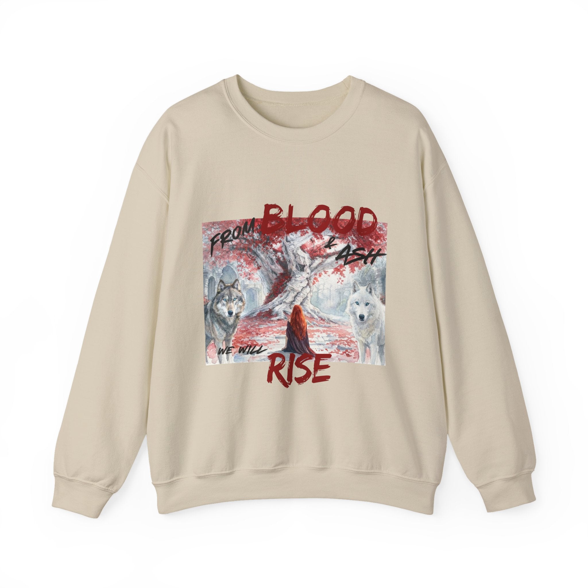 Rise From Blood & Ash Crewneck Sweatshirt – 'We Will Rise' Sword & Poppy Fantasy Graphic
