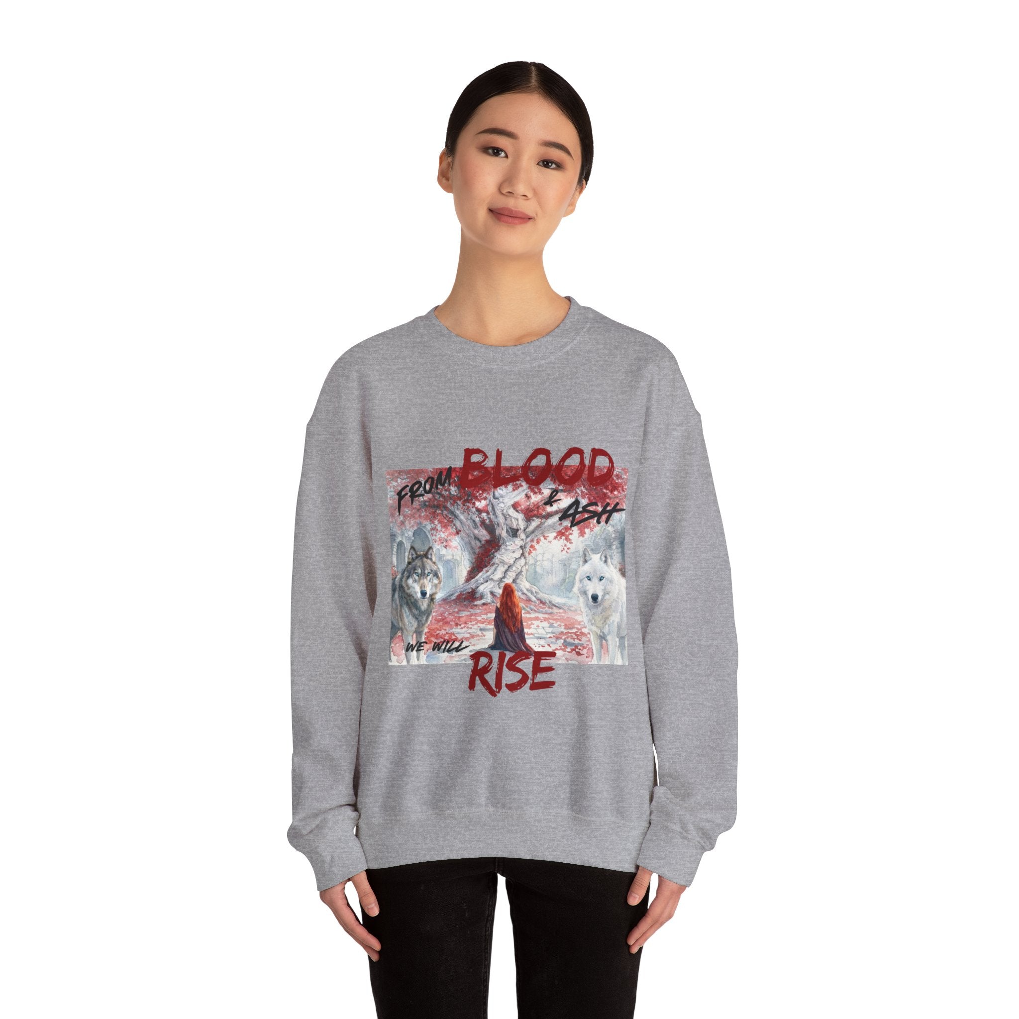 Rise From Blood & Ash Crewneck Sweatshirt – 'We Will Rise' Sword & Poppy Fantasy Graphic