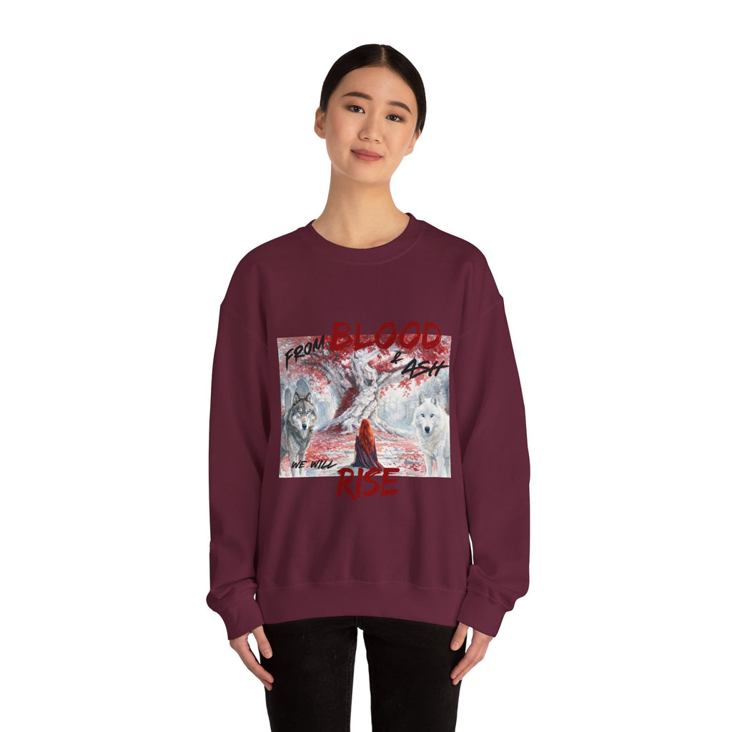 Rise From Blood & Ash Crewneck Sweatshirt – 'We Will Rise' Sword & Poppy Fantasy Graphic