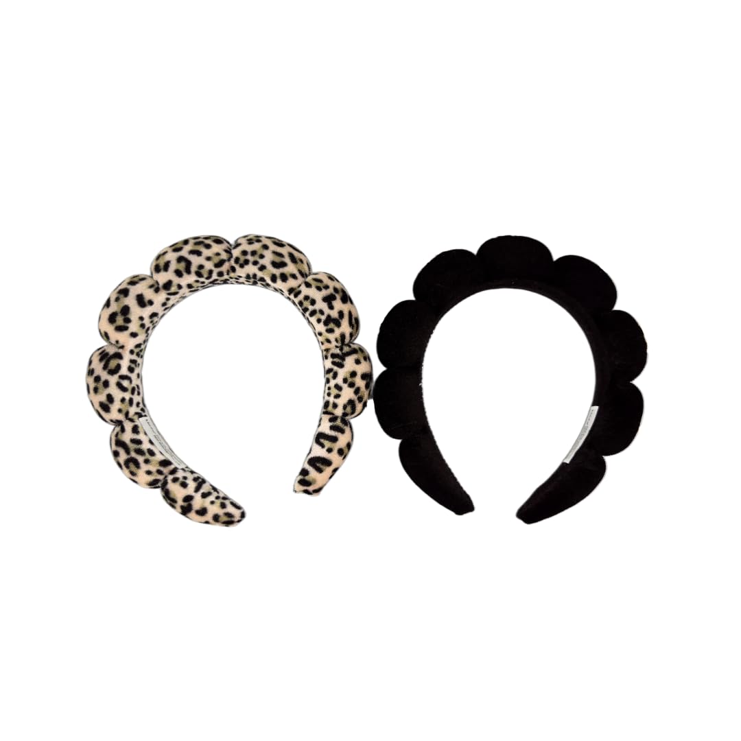 Lindo Spa Headband, 2 Pack, Soft Terry Cloth, Makeup and Face Washing (2, Leopard-Black DUO)