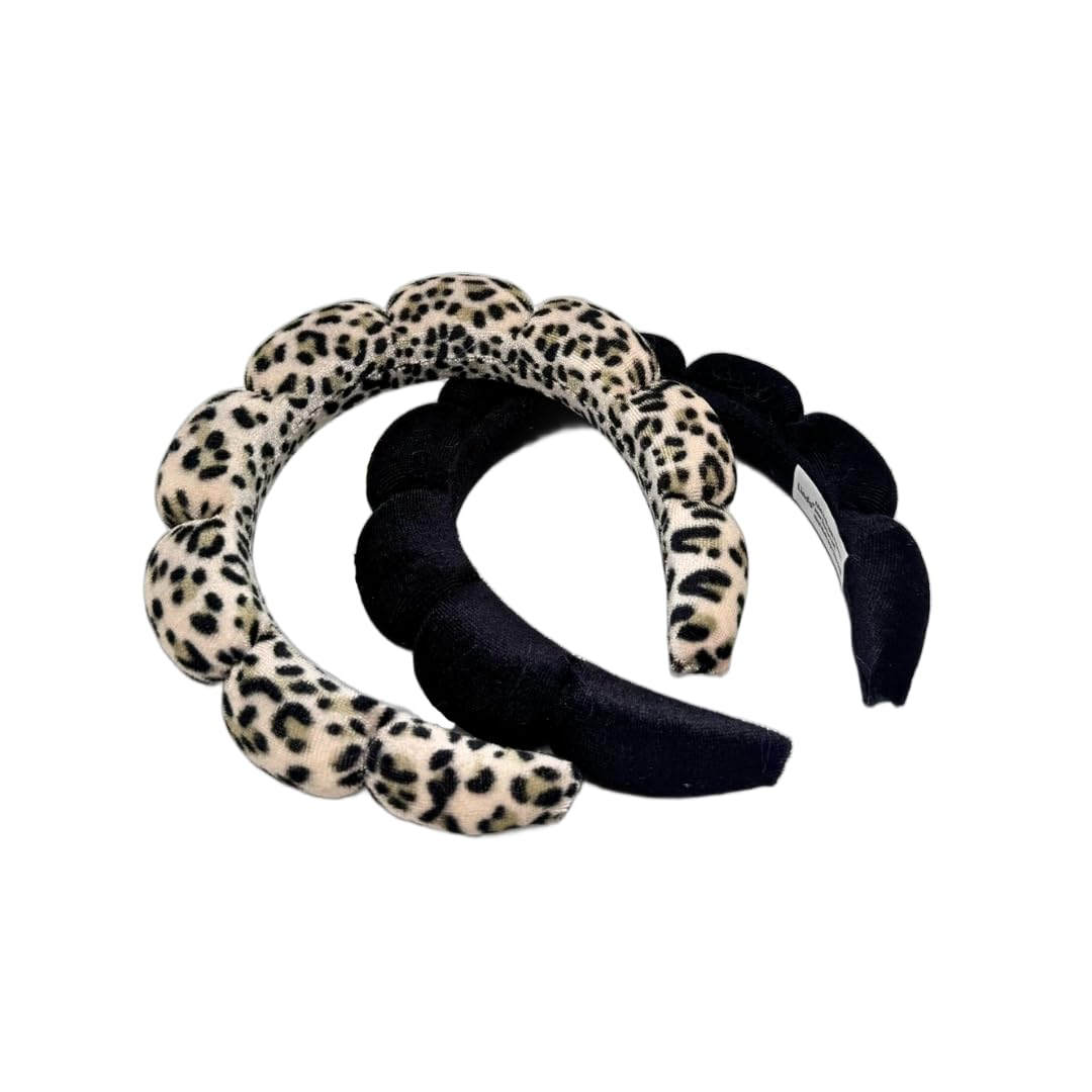 Lindo Spa Headband, 2 Pack, Soft Terry Cloth, Makeup and Face Washing (2, Leopard-Black DUO)