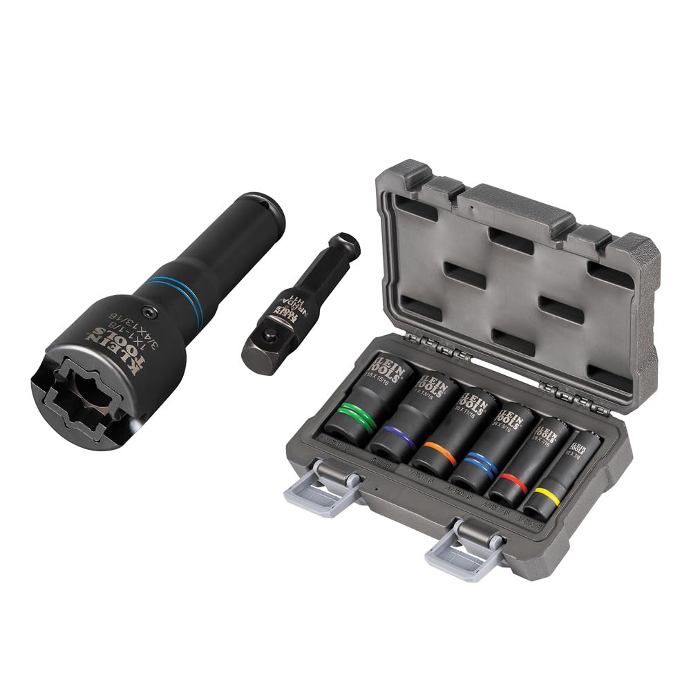 Klein Tools 66031 3-in-1 Slotted Impact Socket, 12-Point Deep Sockets, Coaxial Spring Loaded, 3/4 and 9/16-Inch Hex Sizes, 1/2-Inch Drive