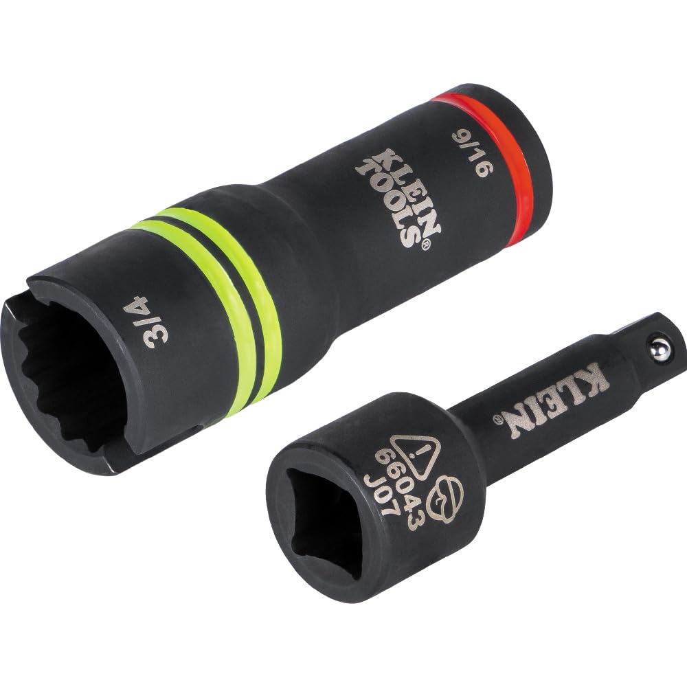 Klein Tools 66031 3-in-1 Slotted Impact Socket, 12-Point Deep Sockets, Coaxial Spring Loaded, 3/4 and 9/16-Inch Hex Sizes, 1/2-Inch Drive
