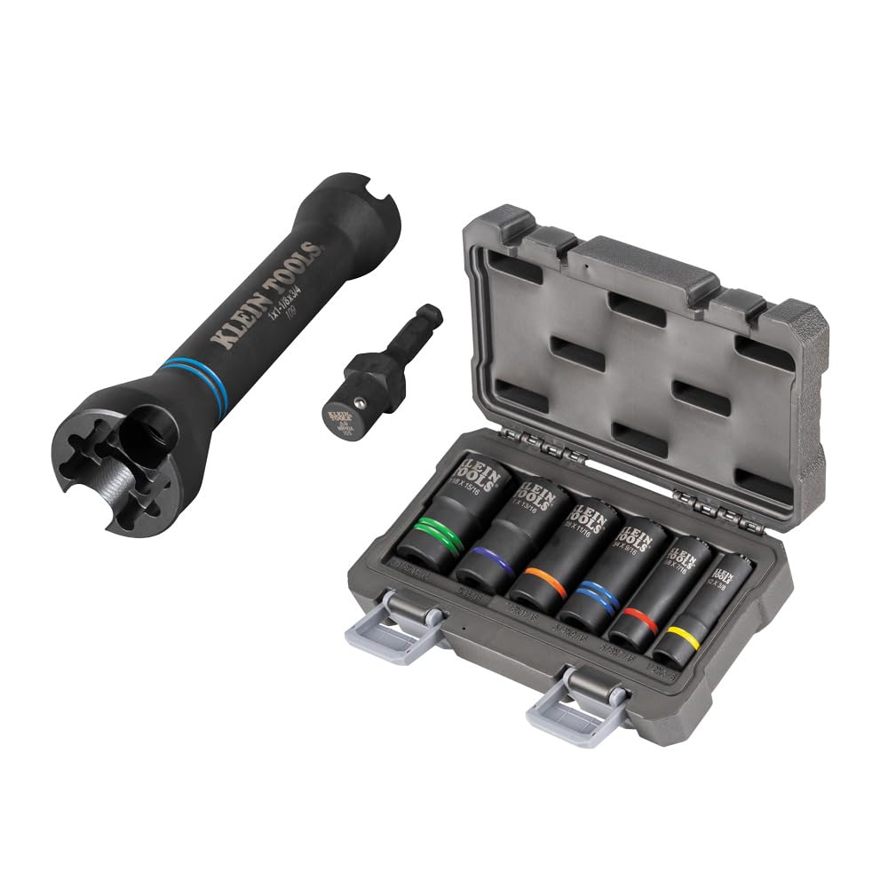 Klein Tools 66031 3-in-1 Slotted Impact Socket, 12-Point Deep Sockets, Coaxial Spring Loaded, 3/4 and 9/16-Inch Hex Sizes, 1/2-Inch Drive