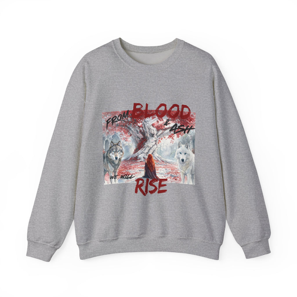 Rise From Blood & Ash Crewneck Sweatshirt – 'We Will Rise' Sword & Poppy Fantasy Graphic