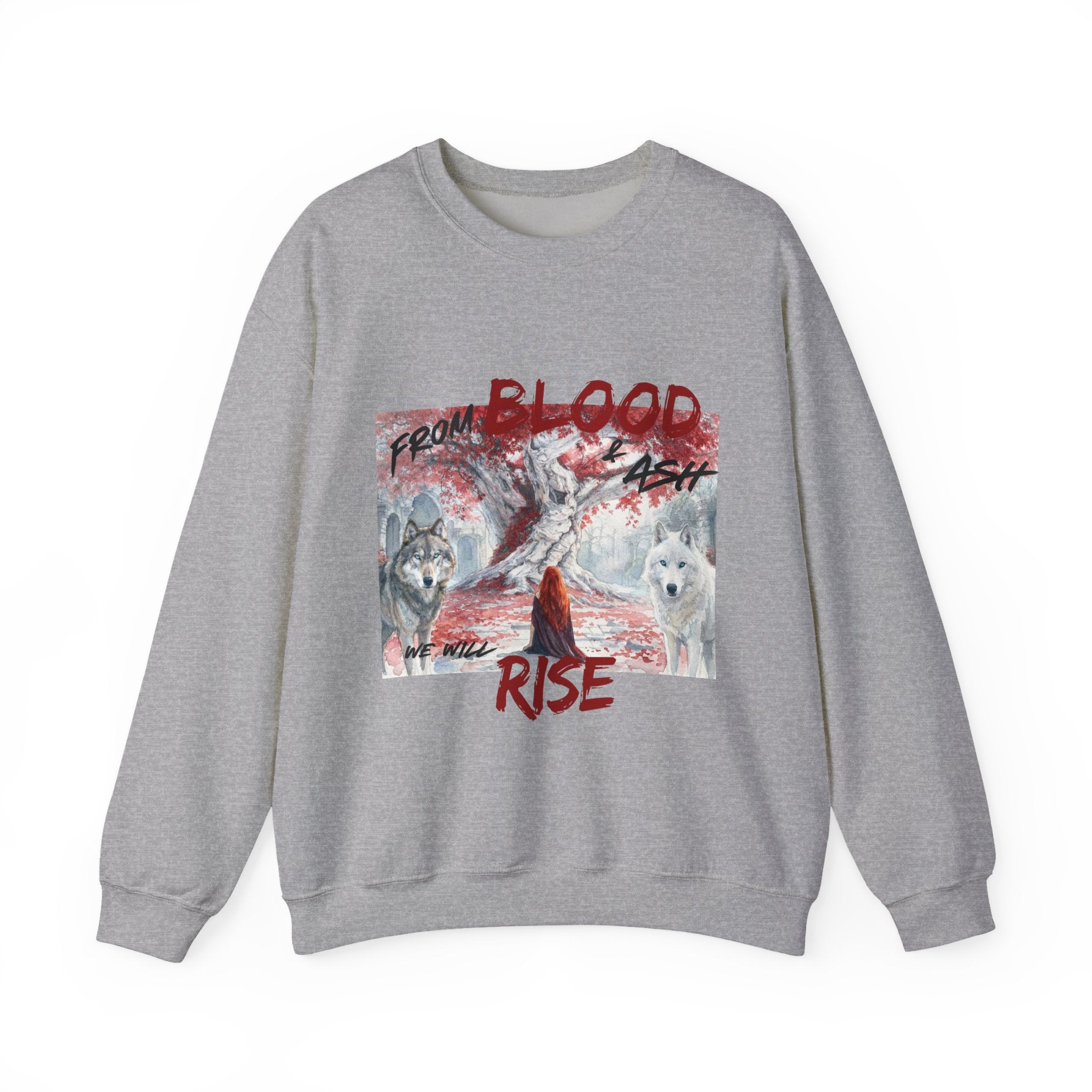 Rise From Blood & Ash Crewneck Sweatshirt – 'We Will Rise' Sword & Poppy Fantasy Graphic