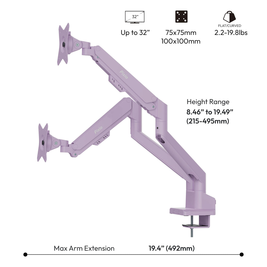 Pixio PS1S Wave Pink Single Monitor Arm Stand Desk Mount - Fits up to 32 inches Monitors and up to 19.8lbs. VESA Compatibility and Integrated Cable Management