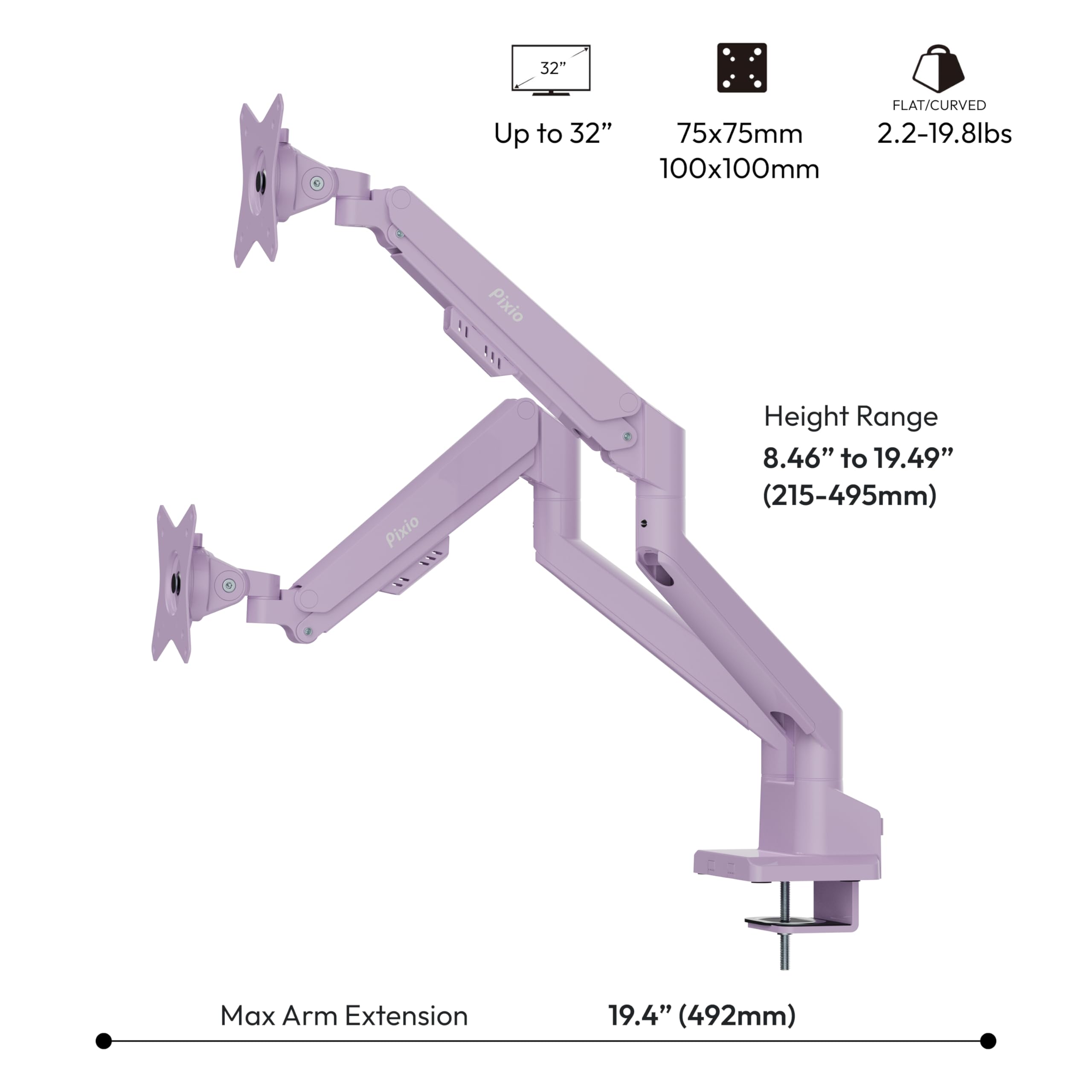 Pixio PS1S Wave Pink Single Monitor Arm Stand Desk Mount - Fits up to 32 inches Monitors and up to 19.8lbs. VESA Compatibility and Integrated Cable Management