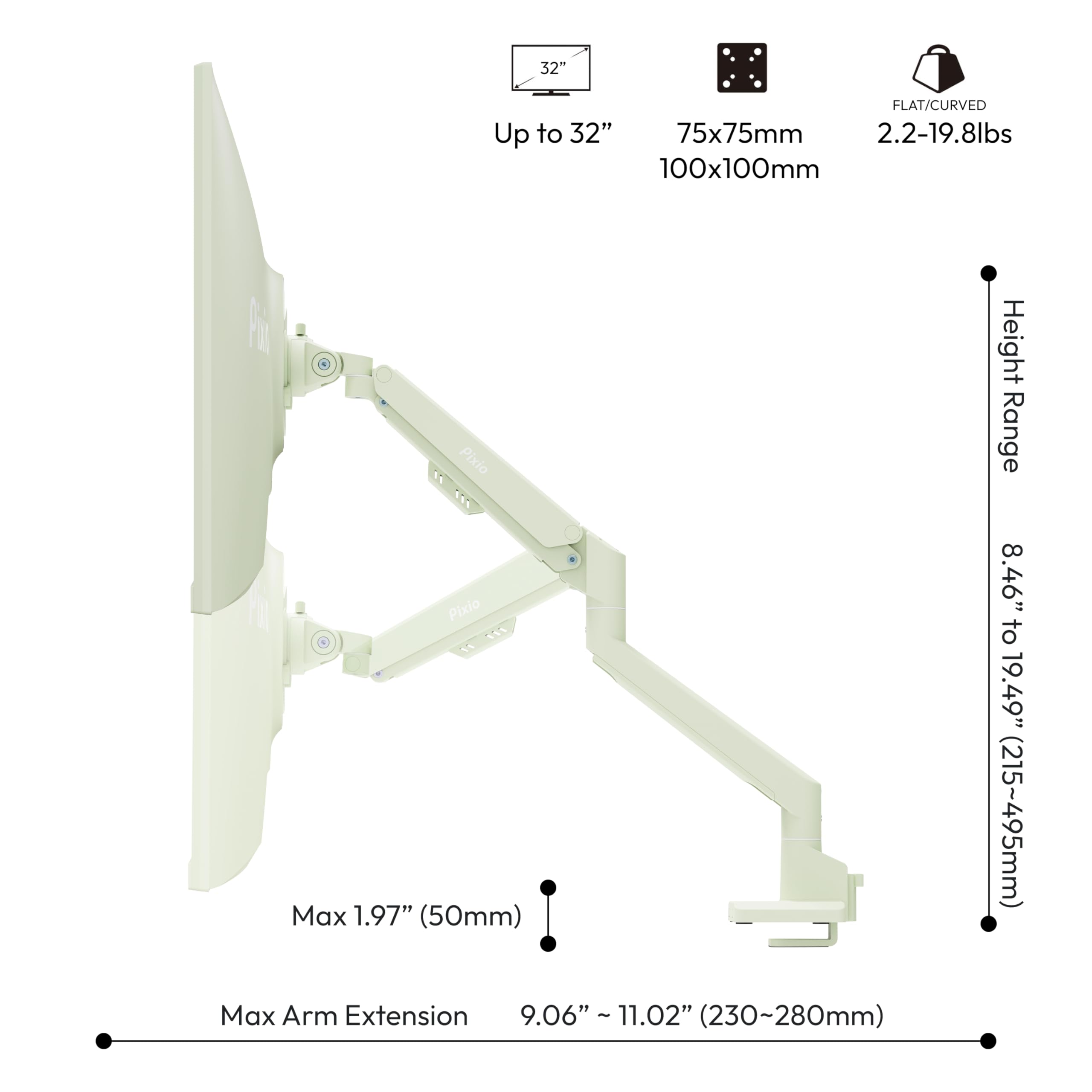 Pixio PS1S Wave Pink Single Monitor Arm Stand Desk Mount - Fits up to 32 inches Monitors and up to 19.8lbs. VESA Compatibility and Integrated Cable Management