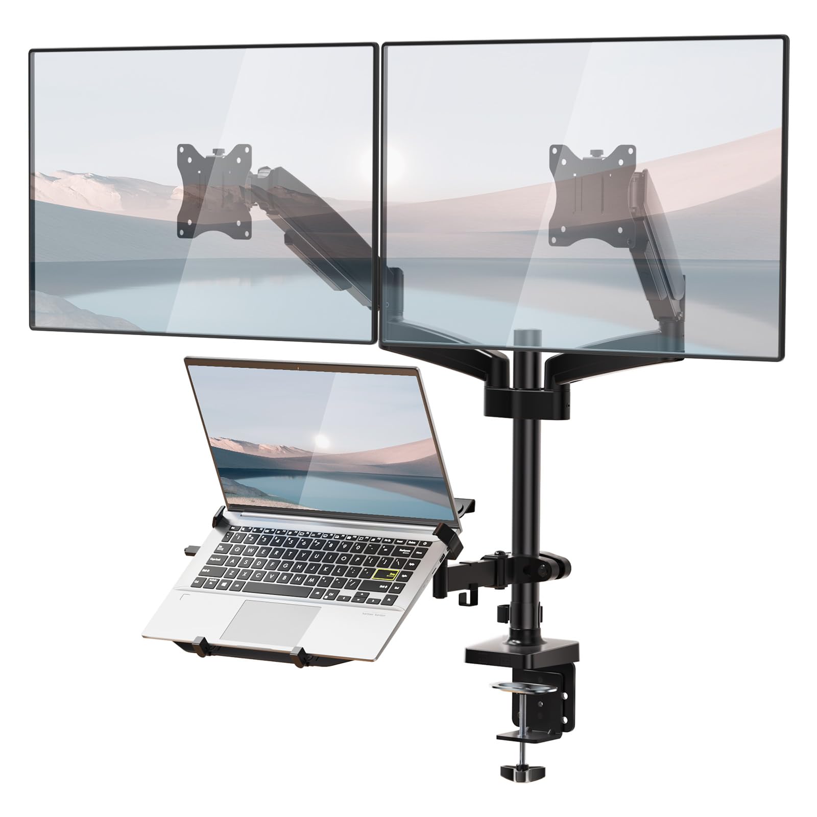 WALI Single Arm Laptop and Monitor Desk Mount for 17" Notebook and Single Screen, 2-in-1 Adjustable Gas Spring Monitor Arm with Laptop Tray, VESA 75x75 100x100,Holds 22-26.4 lbs, Black (GSMP001NLP)