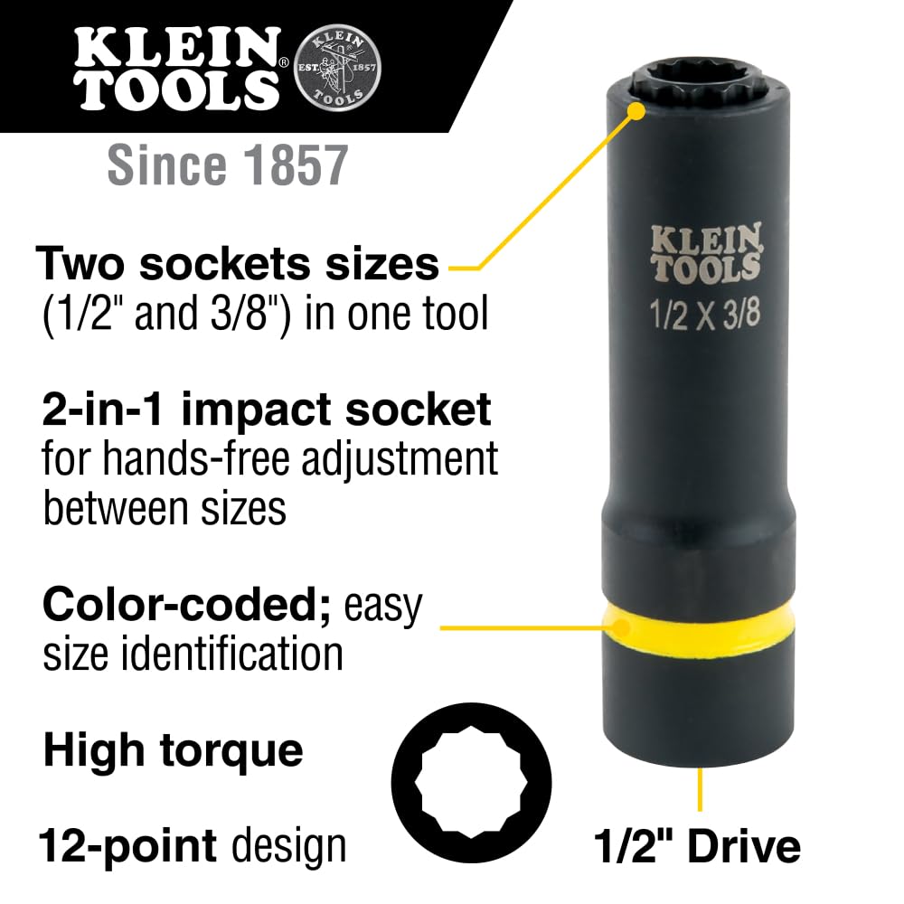 Klein Tools 66010 2-in-1 SAE Impact Socket Set, 6-Piece Tool Set with 12-Point Deep Sockets with 1/2-Inch Drive, Includes Tool Case
