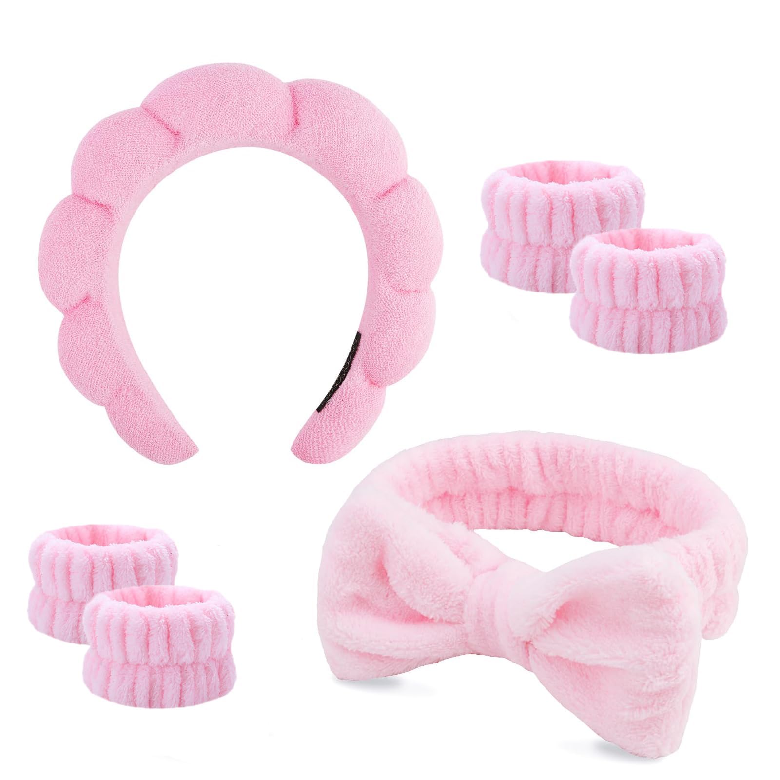 6 Pcs Spa Headbands for women and girls face washing, makeup, facial skin care, fluffy sponge SPA hairband bow hairband hairpin wristband set. (White spots)