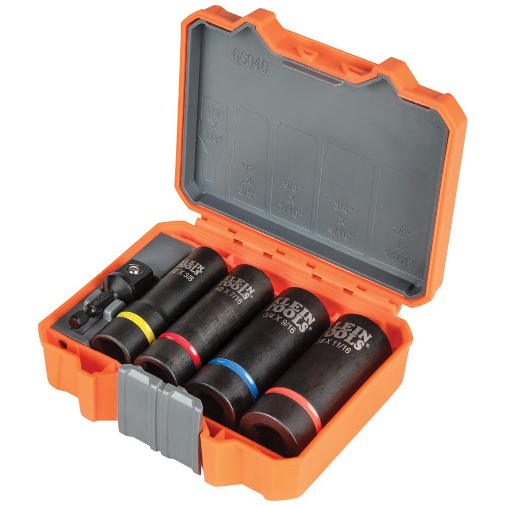 Klein Tools 66010 2-in-1 SAE Impact Socket Set, 6-Piece Tool Set with 12-Point Deep Sockets with 1/2-Inch Drive, Includes Tool Case