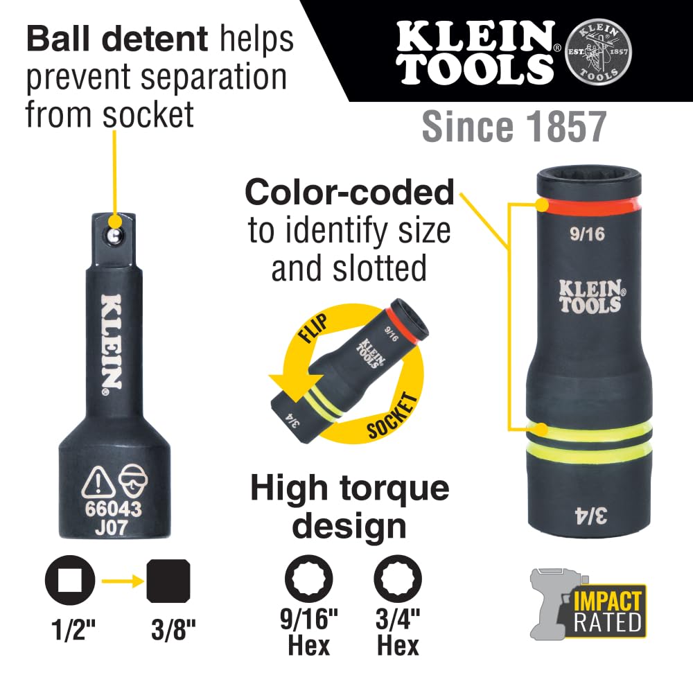 Klein Tools 66031 3-in-1 Slotted Impact Socket, 12-Point Deep Sockets, Coaxial Spring Loaded, 3/4 and 9/16-Inch Hex Sizes, 1/2-Inch Drive