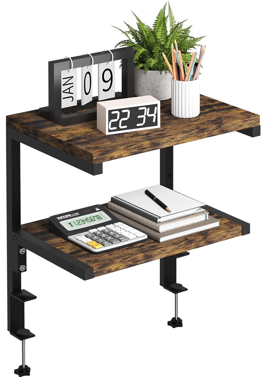 Clamp on Desk Organizer Shelf, Heavy-Duty Desk Extender Side Table with 2-Tier Adjustable Storage Shelves for Desktop Accessories, Gaming Devices, White