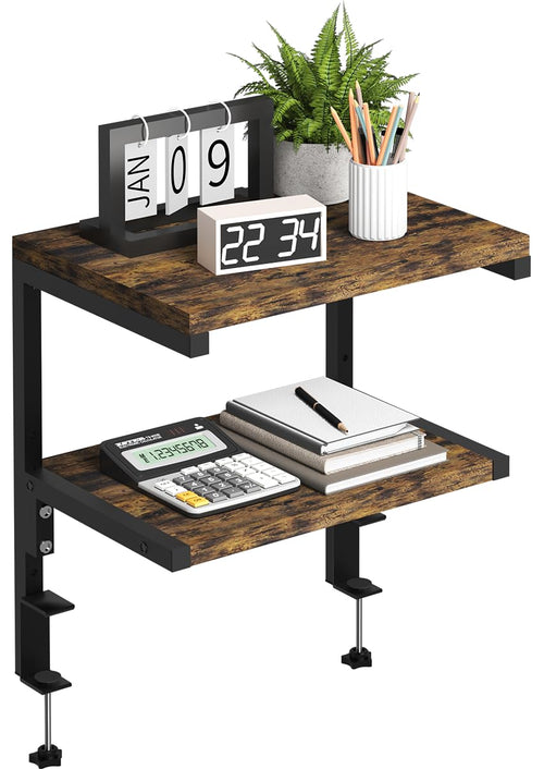 Clamp on Desk Organizer Shelf, Heavy-Duty Desk Extender Side Table with 2-Tier Adjustable Storage Shelves for Desktop Accessories, Gaming Devices, White