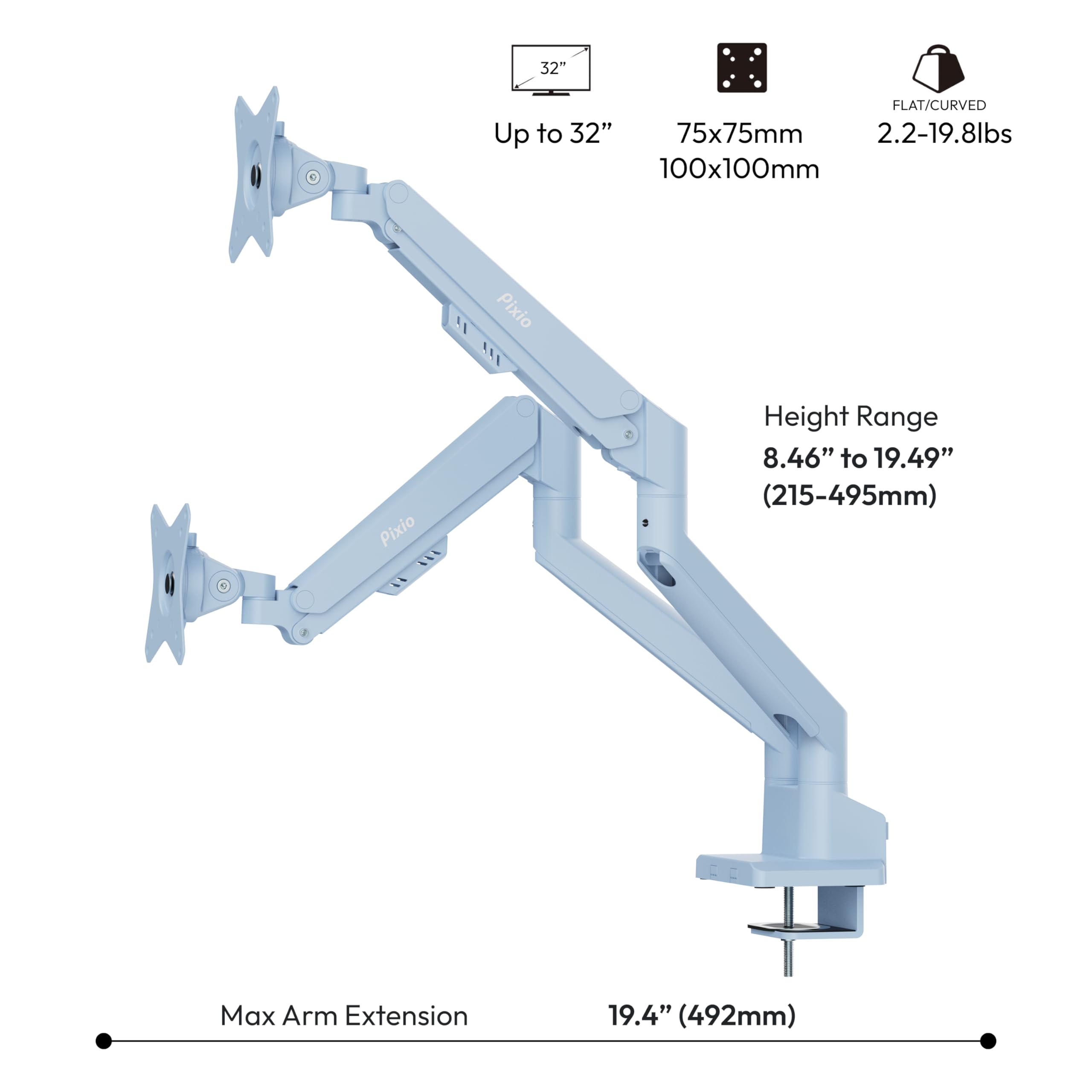 Pixio PS1S Wave Pink Single Monitor Arm Stand Desk Mount - Fits up to 32 inches Monitors and up to 19.8lbs. VESA Compatibility and Integrated Cable Management