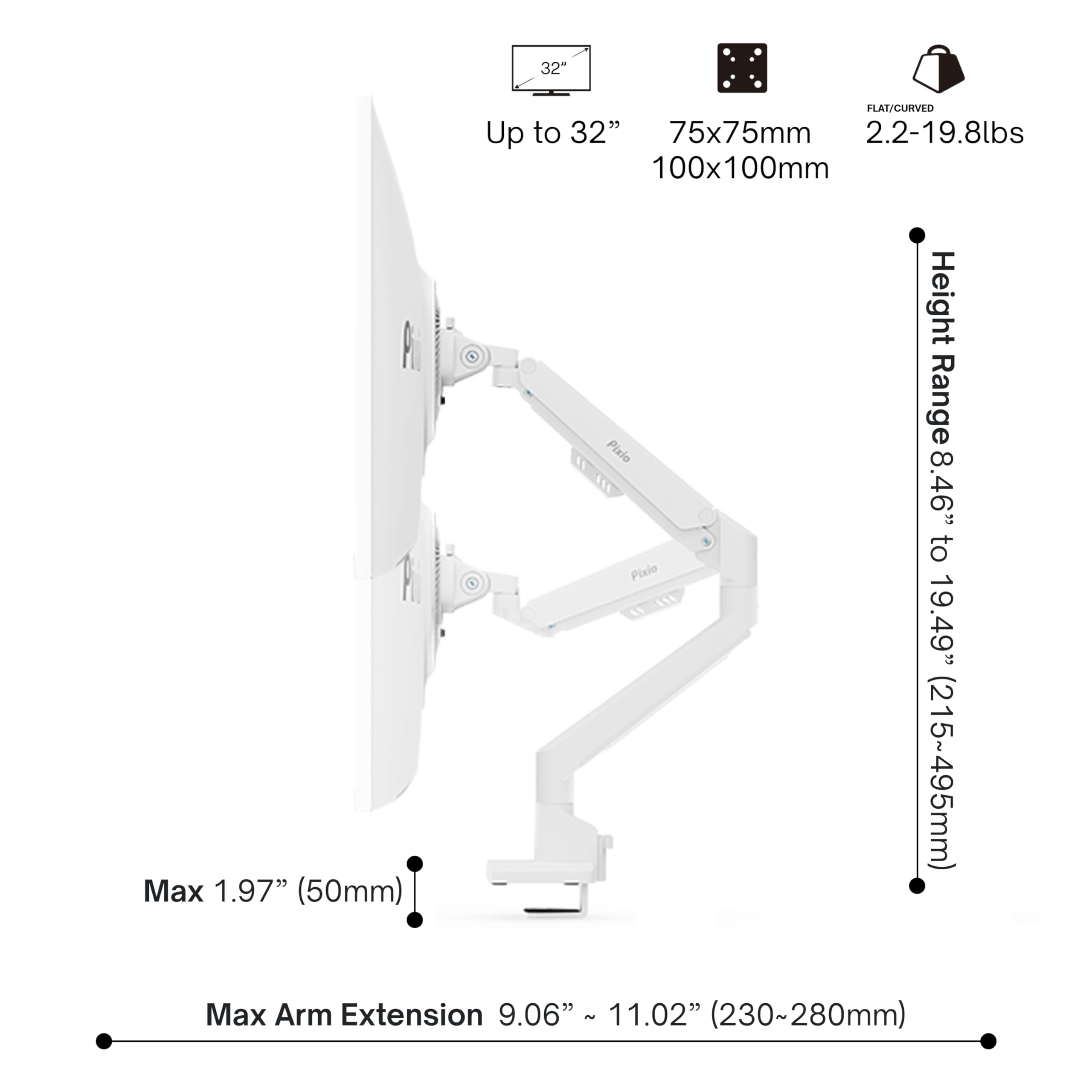 Pixio PS1S Wave Pink Single Monitor Arm Stand Desk Mount - Fits up to 32 inches Monitors and up to 19.8lbs. VESA Compatibility and Integrated Cable Management