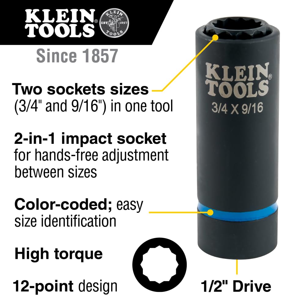 Klein Tools 66010 2-in-1 SAE Impact Socket Set, 6-Piece Tool Set with 12-Point Deep Sockets with 1/2-Inch Drive, Includes Tool Case