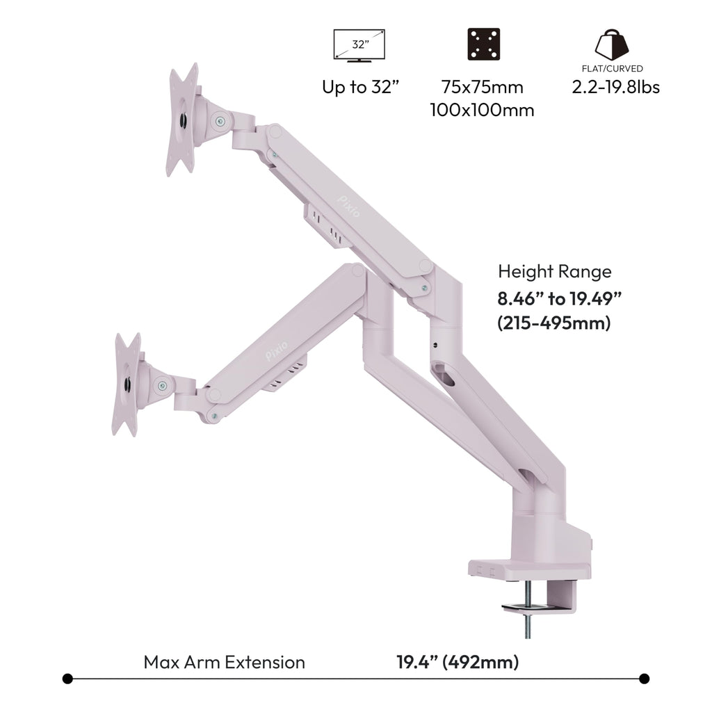 Pixio PS1S Wave Pink Single Monitor Arm Stand Desk Mount - Fits up to 32 inches Monitors and up to 19.8lbs. VESA Compatibility and Integrated Cable Management