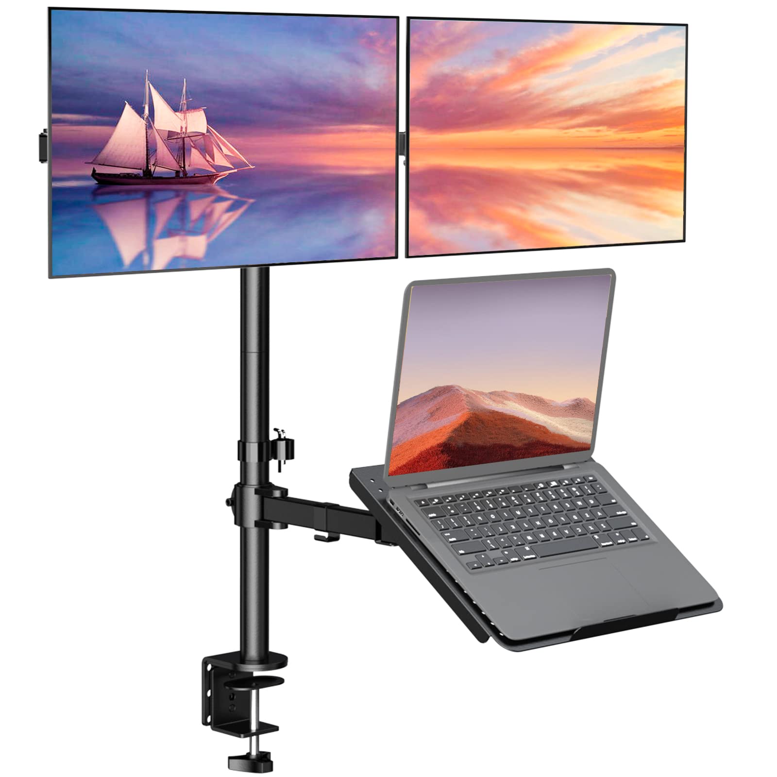 WALI Single Arm Laptop and Monitor Desk Mount for 17" Notebook and Single Screen, 2-in-1 Adjustable Gas Spring Monitor Arm with Laptop Tray, VESA 75x75 100x100,Holds 22-26.4 lbs, Black (GSMP001NLP)