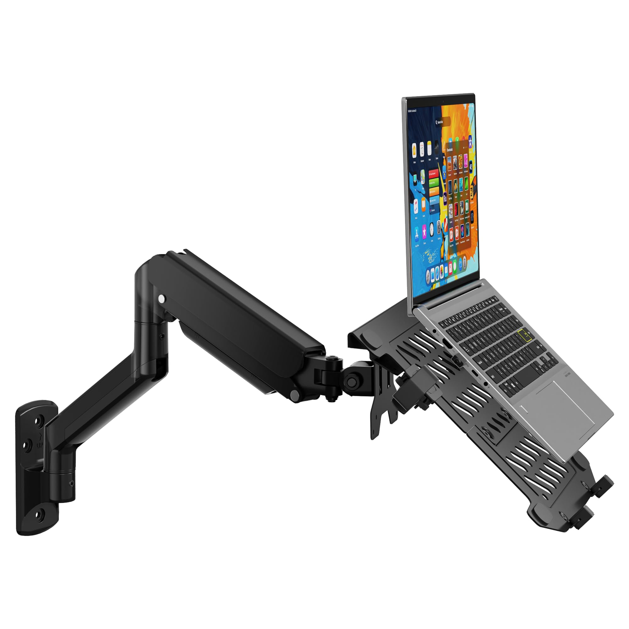 WALI Single Arm Laptop and Monitor Desk Mount for 17" Notebook and Single Screen, 2-in-1 Adjustable Gas Spring Monitor Arm with Laptop Tray, VESA 75x75 100x100,Holds 22-26.4 lbs, Black (GSMP001NLP)
