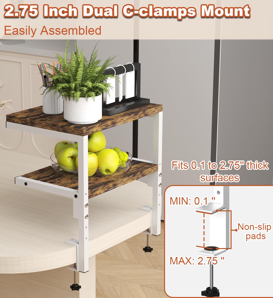 Clamp on Desk Organizer Shelf, Heavy-Duty Desk Extender Side Table with 2-Tier Adjustable Storage Shelves for Desktop Accessories, Gaming Devices, White