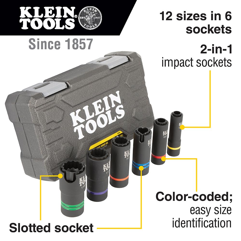 Klein Tools 66031 3-in-1 Slotted Impact Socket, 12-Point Deep Sockets, Coaxial Spring Loaded, 3/4 and 9/16-Inch Hex Sizes, 1/2-Inch Drive
