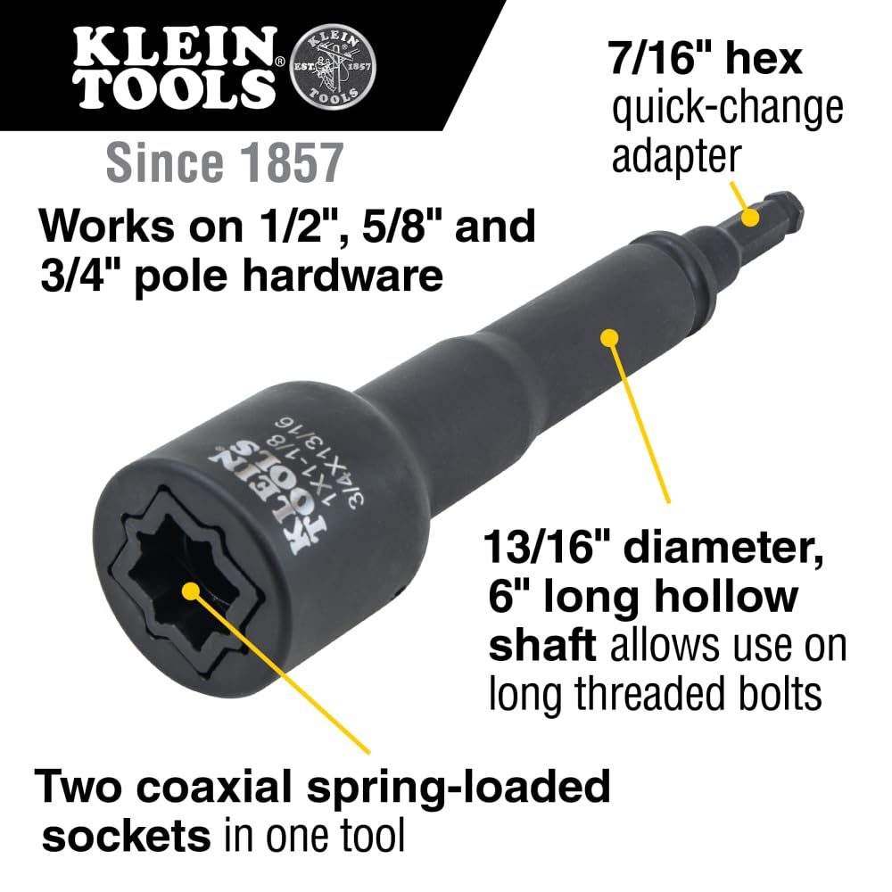 Klein Tools 66031 3-in-1 Slotted Impact Socket, 12-Point Deep Sockets, Coaxial Spring Loaded, 3/4 and 9/16-Inch Hex Sizes, 1/2-Inch Drive