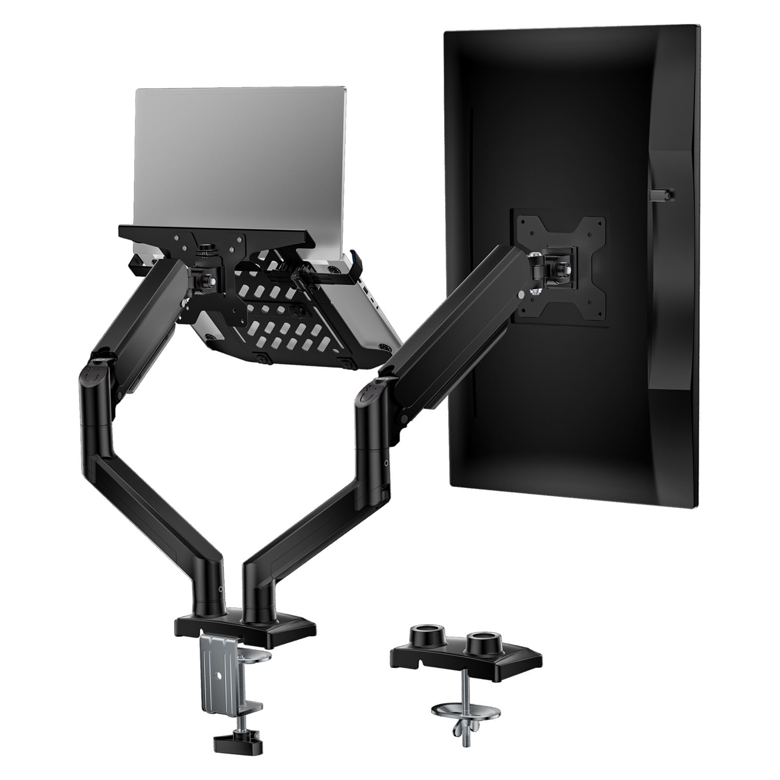 WALI Single Arm Laptop and Monitor Desk Mount for 17" Notebook and Single Screen, 2-in-1 Adjustable Gas Spring Monitor Arm with Laptop Tray, VESA 75x75 100x100,Holds 22-26.4 lbs, Black (GSMP001NLP)