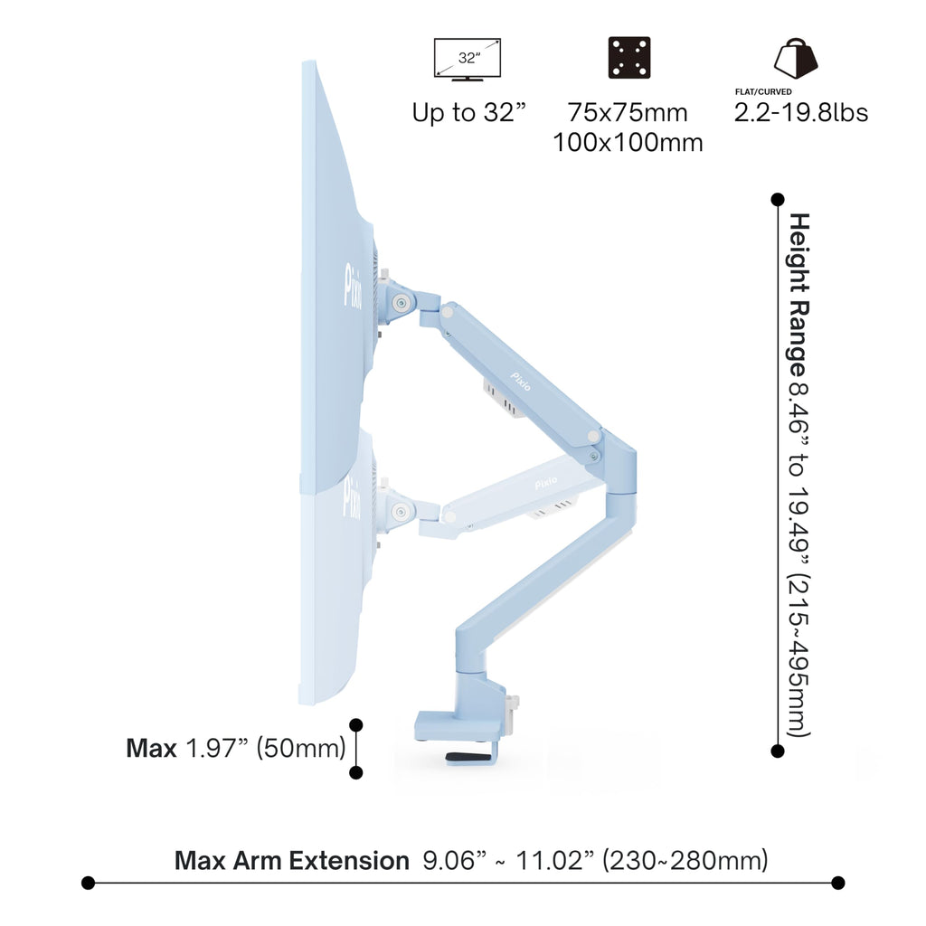 Pixio PS1S Wave Pink Single Monitor Arm Stand Desk Mount - Fits up to 32 inches Monitors and up to 19.8lbs. VESA Compatibility and Integrated Cable Management