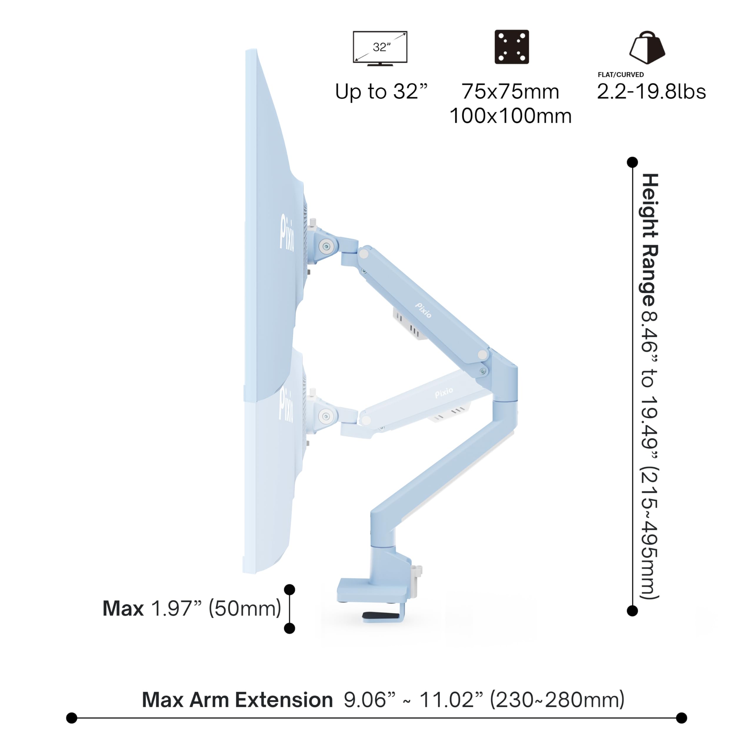 Pixio PS1S Wave Pink Single Monitor Arm Stand Desk Mount - Fits up to 32 inches Monitors and up to 19.8lbs. VESA Compatibility and Integrated Cable Management