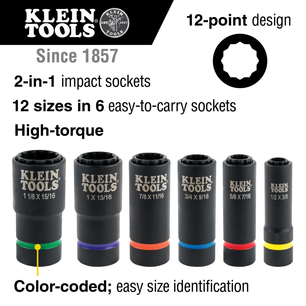 Klein Tools 66010 2-in-1 SAE Impact Socket Set, 6-Piece Tool Set with 12-Point Deep Sockets with 1/2-Inch Drive, Includes Tool Case