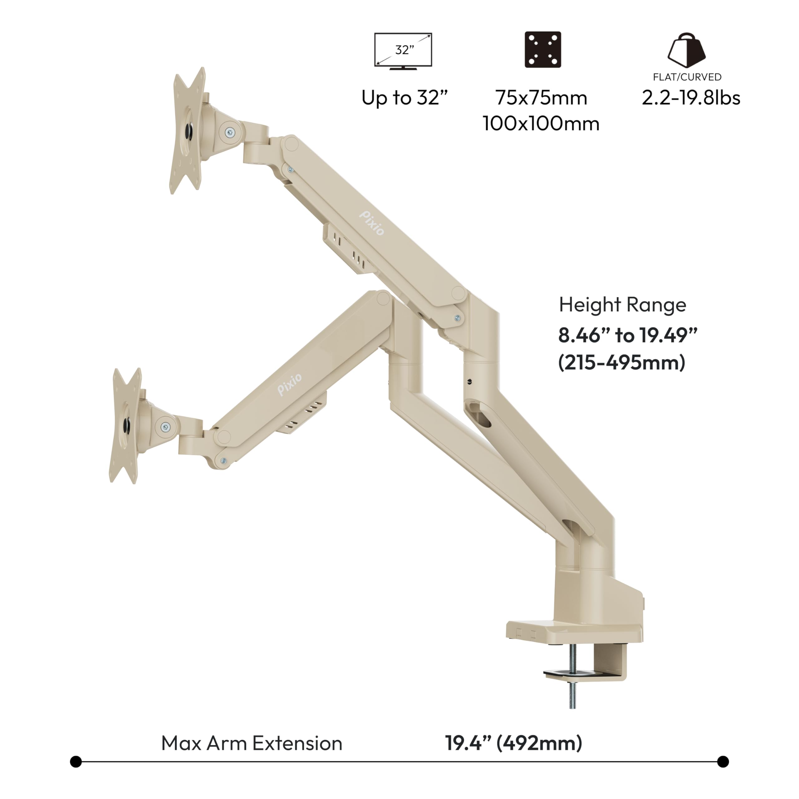 Pixio PS1S Wave Pink Single Monitor Arm Stand Desk Mount - Fits up to 32 inches Monitors and up to 19.8lbs. VESA Compatibility and Integrated Cable Management