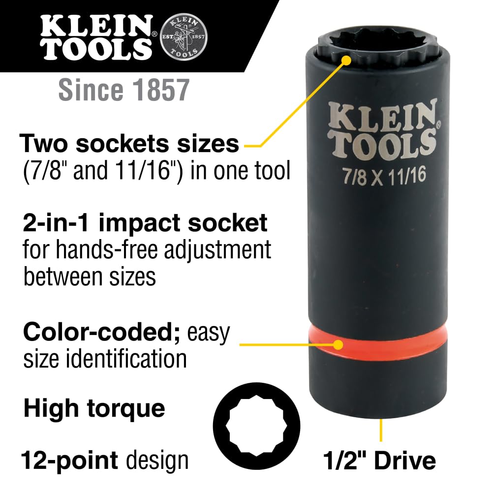Klein Tools 66010 2-in-1 SAE Impact Socket Set, 6-Piece Tool Set with 12-Point Deep Sockets with 1/2-Inch Drive, Includes Tool Case