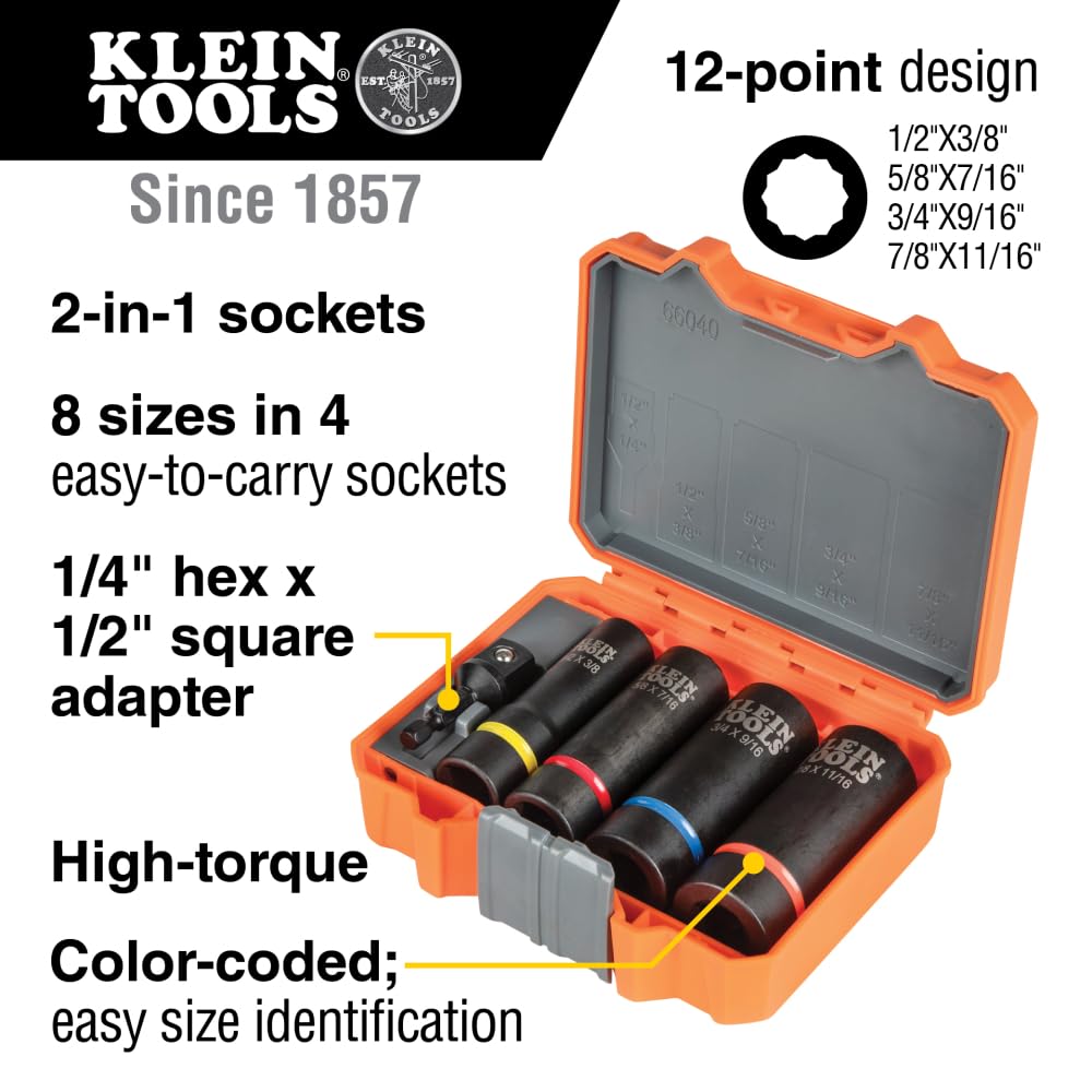 Klein Tools 66010 2-in-1 SAE Impact Socket Set, 6-Piece Tool Set with 12-Point Deep Sockets with 1/2-Inch Drive, Includes Tool Case