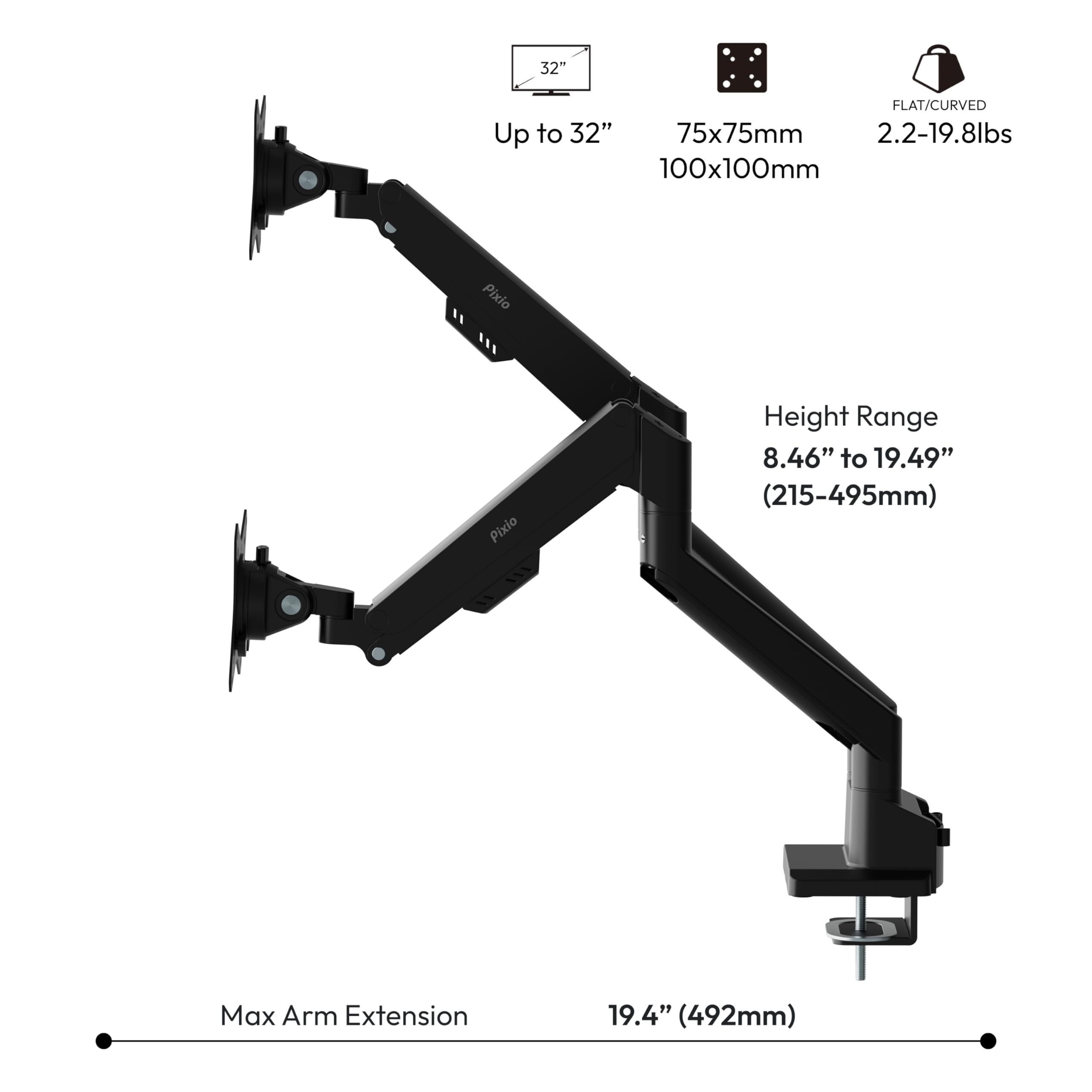 Pixio PS1S Wave Pink Single Monitor Arm Stand Desk Mount - Fits up to 32 inches Monitors and up to 19.8lbs. VESA Compatibility and Integrated Cable Management