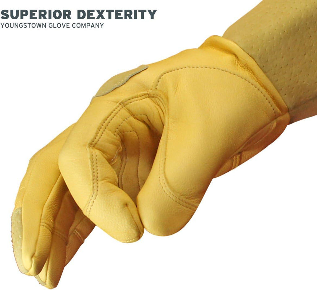 Youngstown Gloves Leather Utility Long Cuff Work Glove For Men - Kevlar Lined - Cut, Puncture, Flame Resistant, Arc Rated - Black/Tan, Medium