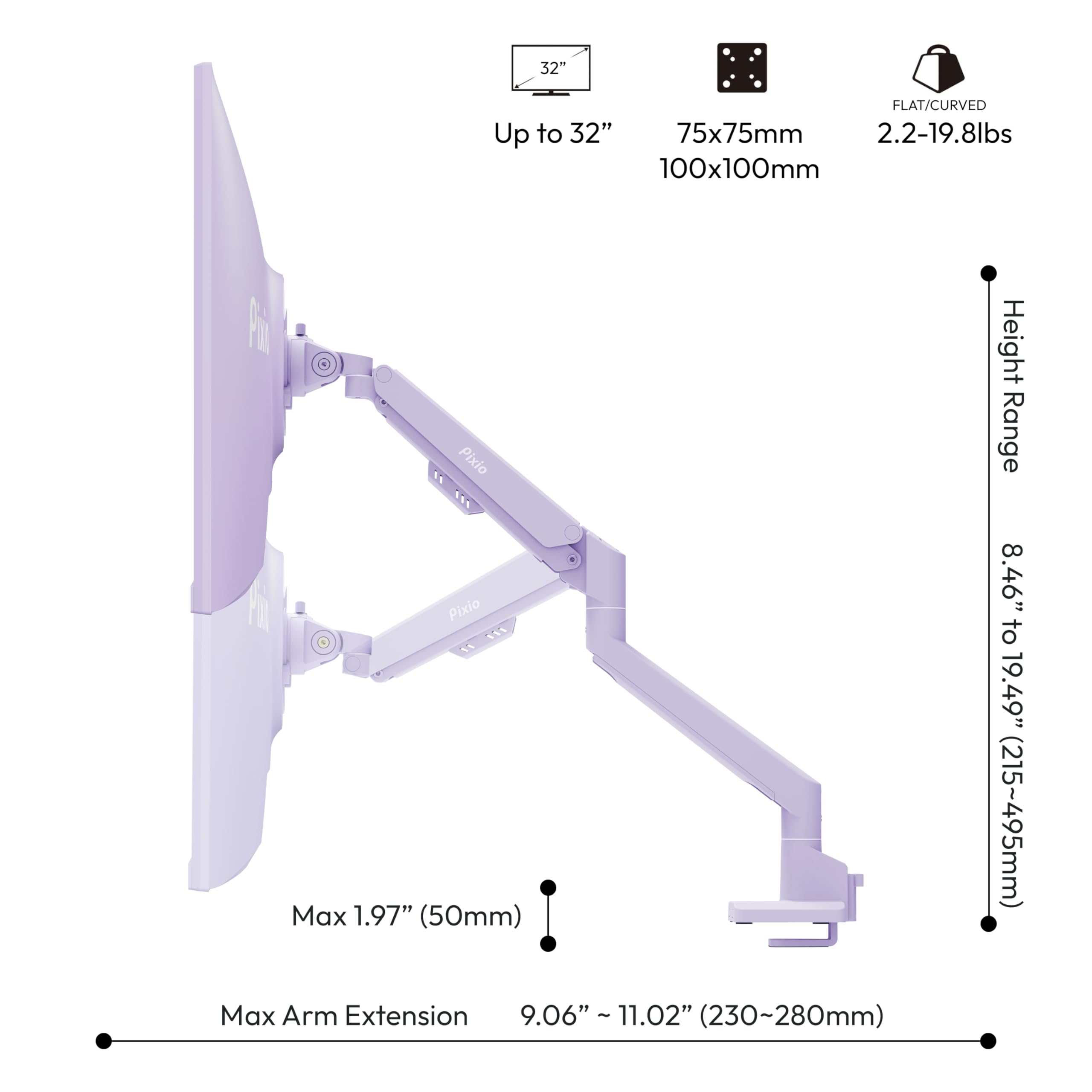 Pixio PS1S Wave Pink Single Monitor Arm Stand Desk Mount - Fits up to 32 inches Monitors and up to 19.8lbs. VESA Compatibility and Integrated Cable Management