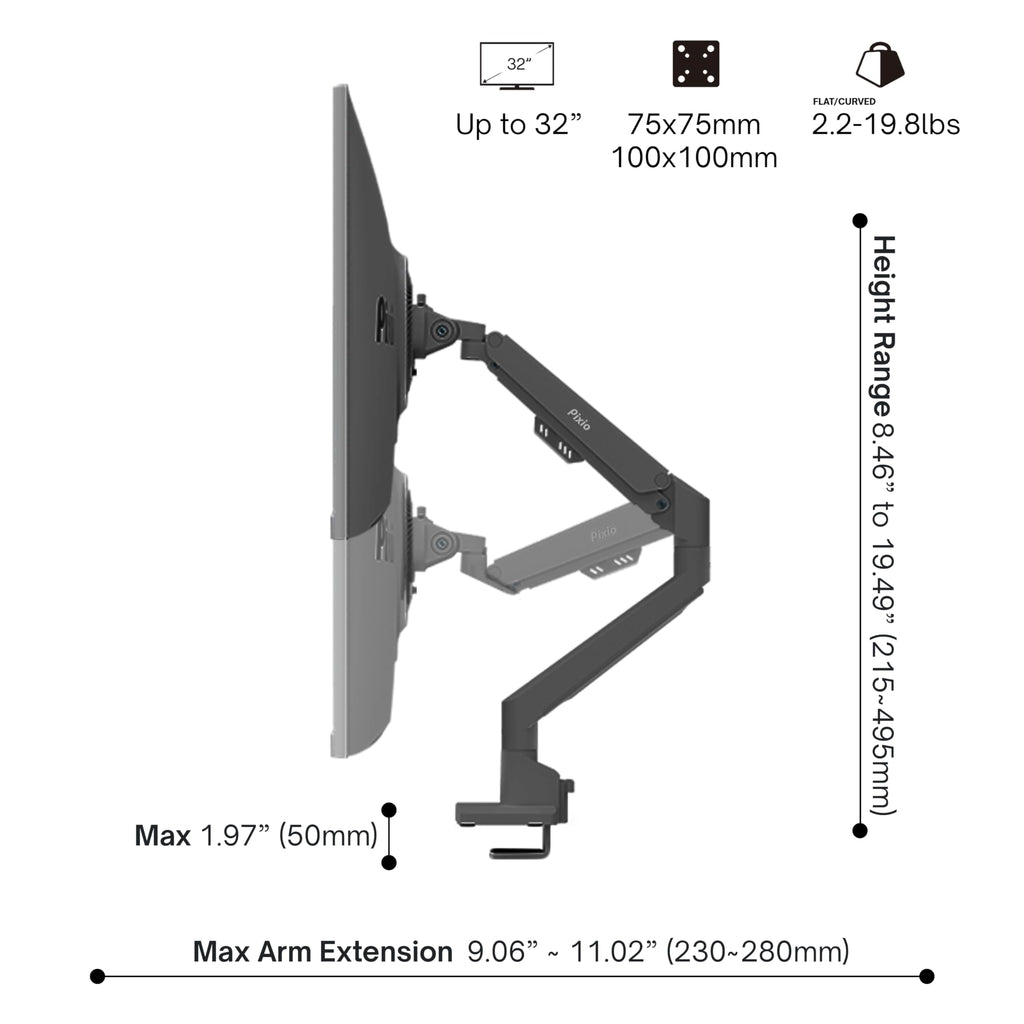 Pixio PS1S Wave Pink Single Monitor Arm Stand Desk Mount - Fits up to 32 inches Monitors and up to 19.8lbs. VESA Compatibility and Integrated Cable Management