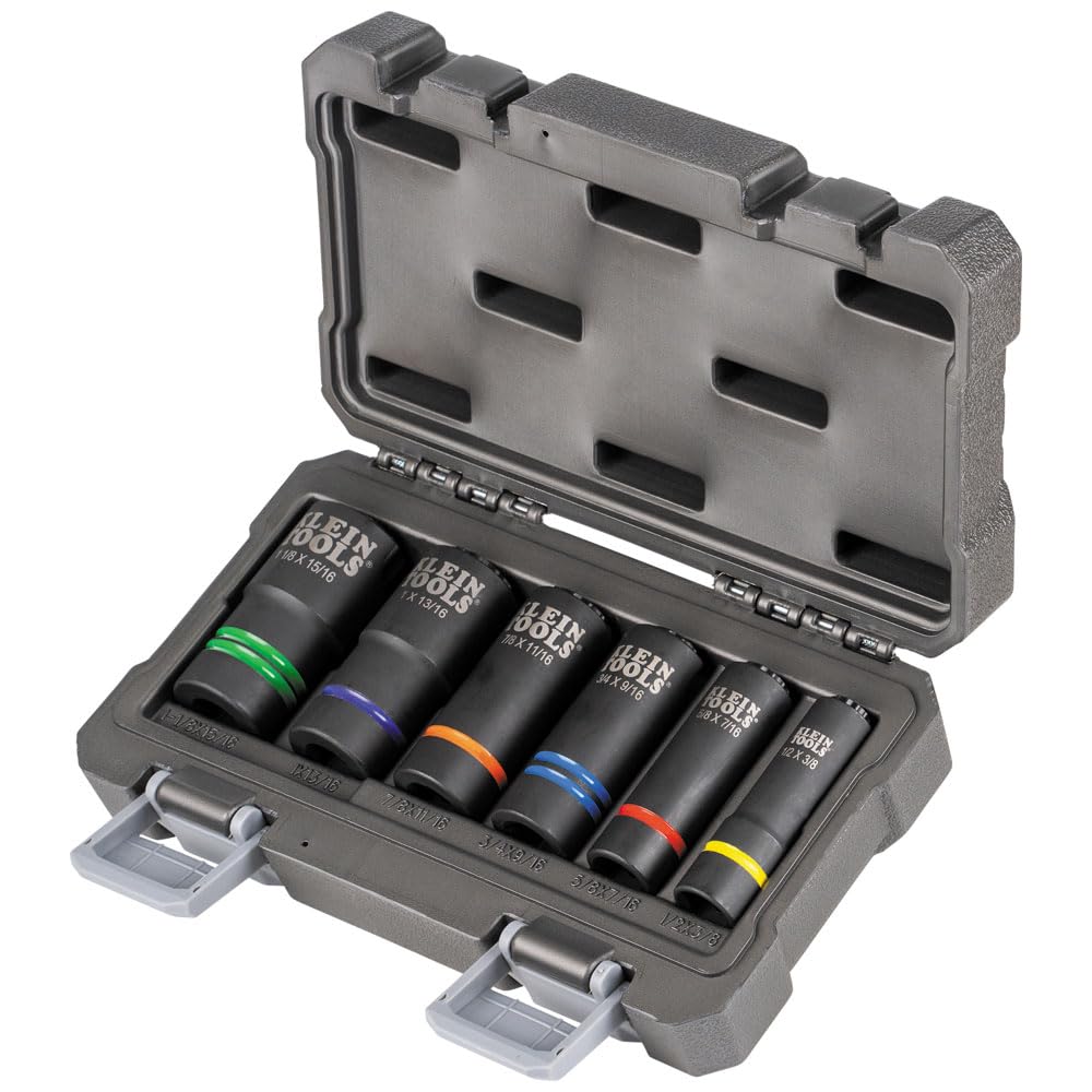 Klein Tools 66031 3-in-1 Slotted Impact Socket, 12-Point Deep Sockets, Coaxial Spring Loaded, 3/4 and 9/16-Inch Hex Sizes, 1/2-Inch Drive