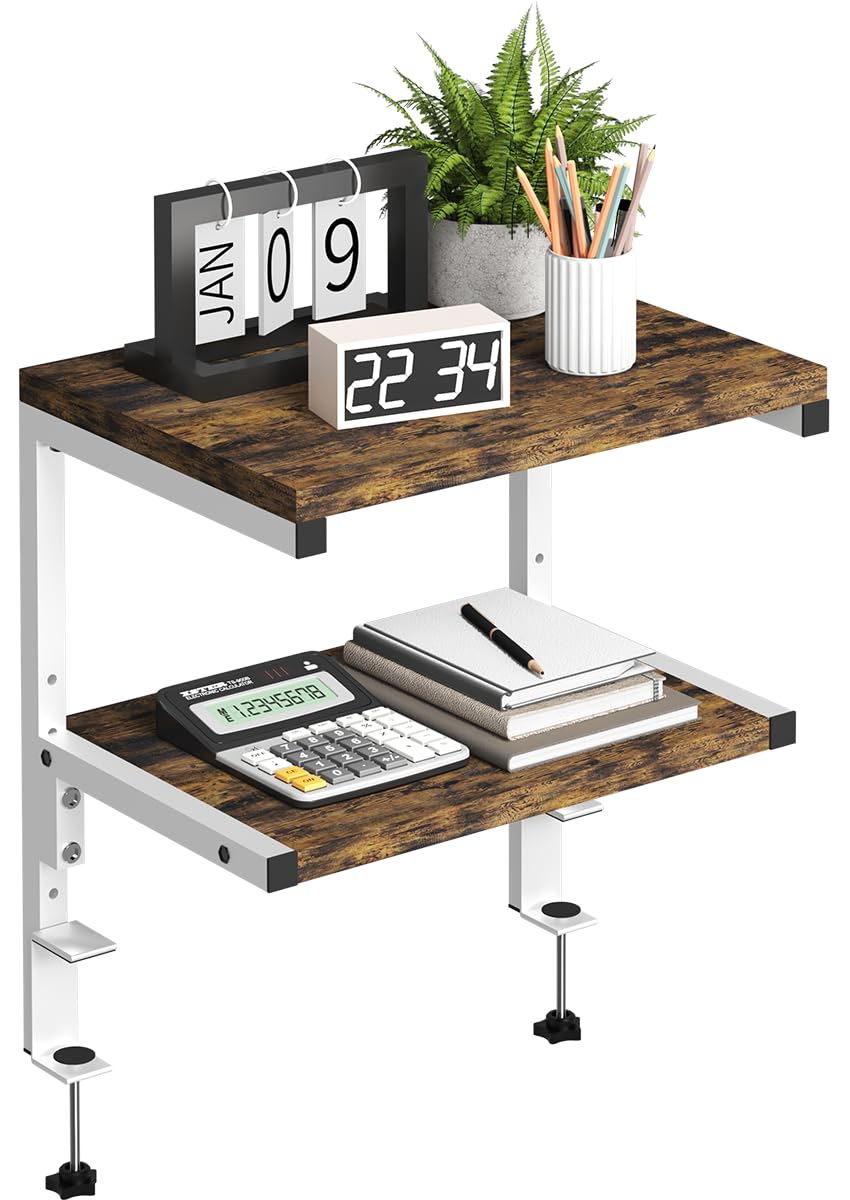 Clamp on Desk Organizer Shelf, Heavy-Duty Desk Extender Side Table with 2-Tier Adjustable Storage Shelves for Desktop Accessories, Gaming Devices, White