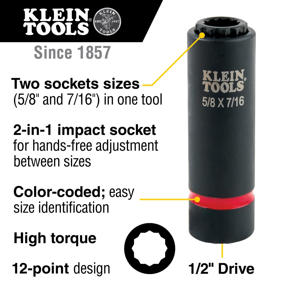 Klein Tools 66010 2-in-1 SAE Impact Socket Set, 6-Piece Tool Set with 12-Point Deep Sockets with 1/2-Inch Drive, Includes Tool Case