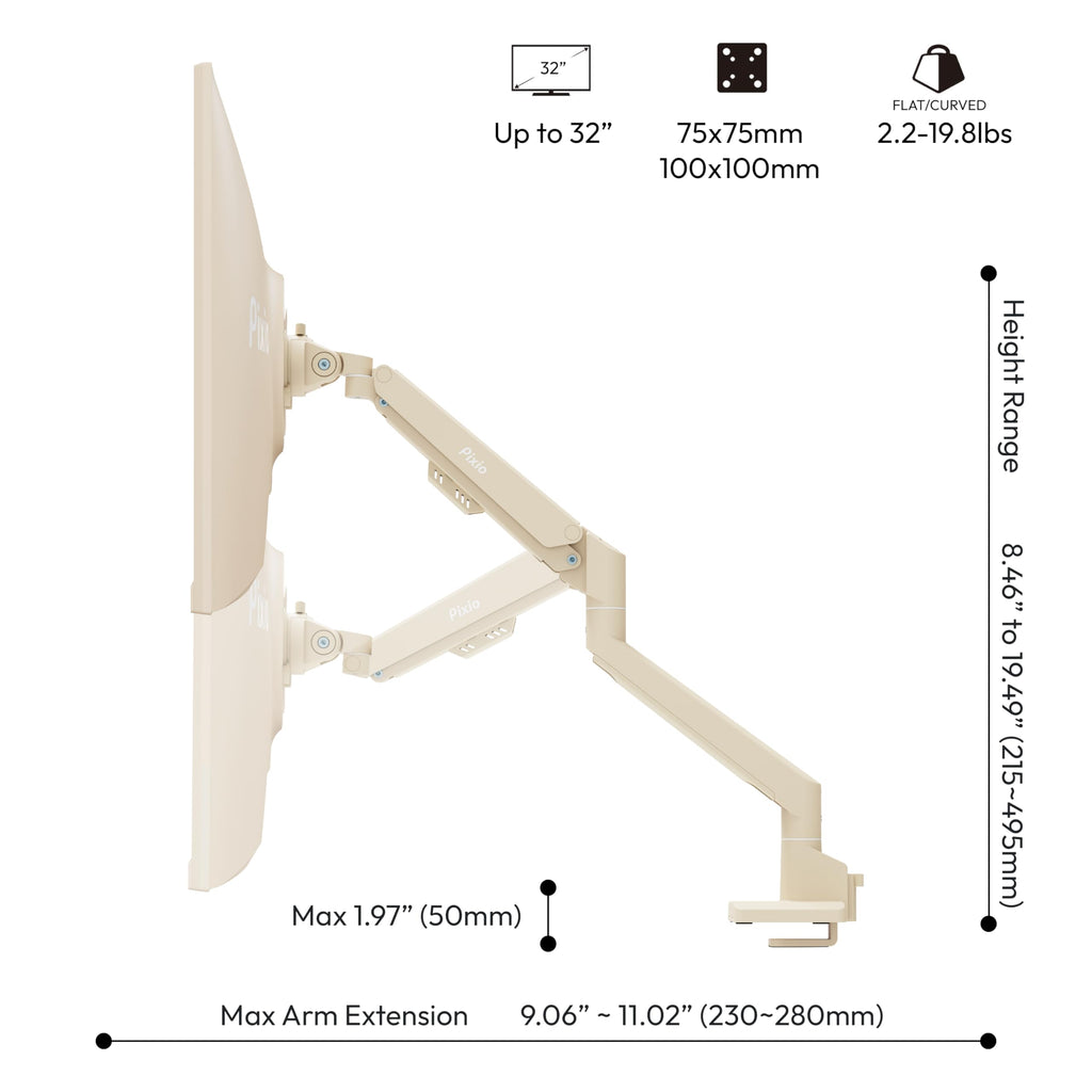 Pixio PS1S Wave Pink Single Monitor Arm Stand Desk Mount - Fits up to 32 inches Monitors and up to 19.8lbs. VESA Compatibility and Integrated Cable Management