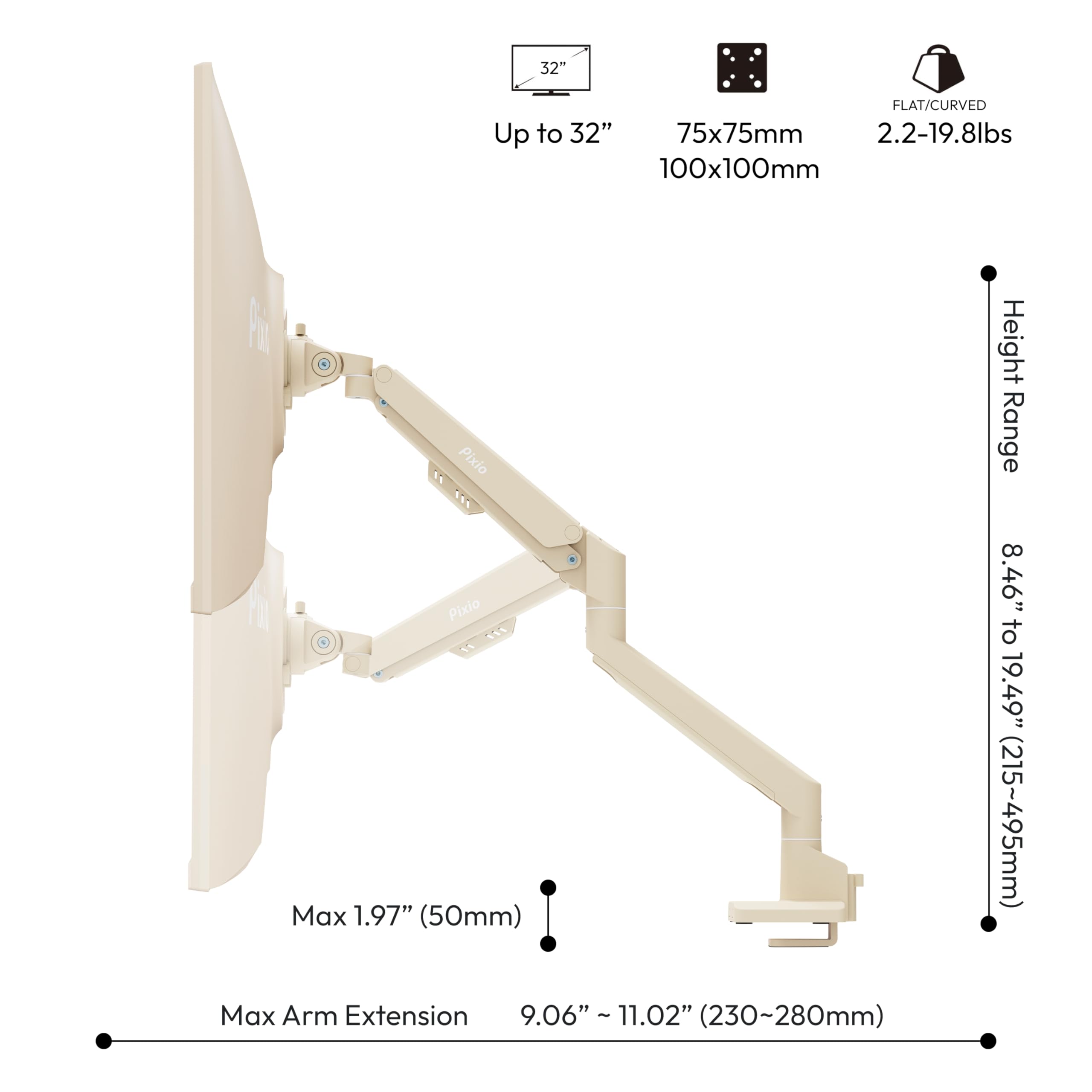 Pixio PS1S Wave Pink Single Monitor Arm Stand Desk Mount - Fits up to 32 inches Monitors and up to 19.8lbs. VESA Compatibility and Integrated Cable Management